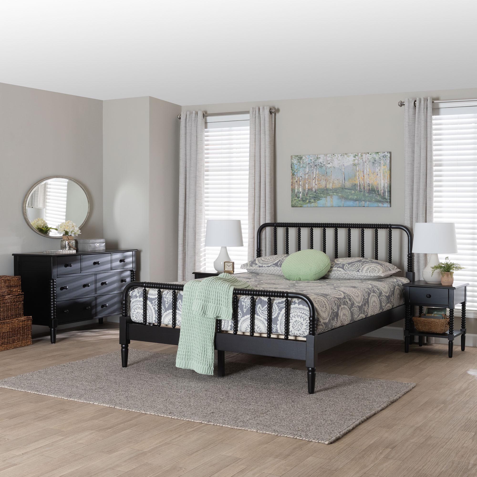 Baxton Studio Braith Farmhouse Black Spindle Wood Queen Size 4-Piece Bedroom Set with Two Nightstands