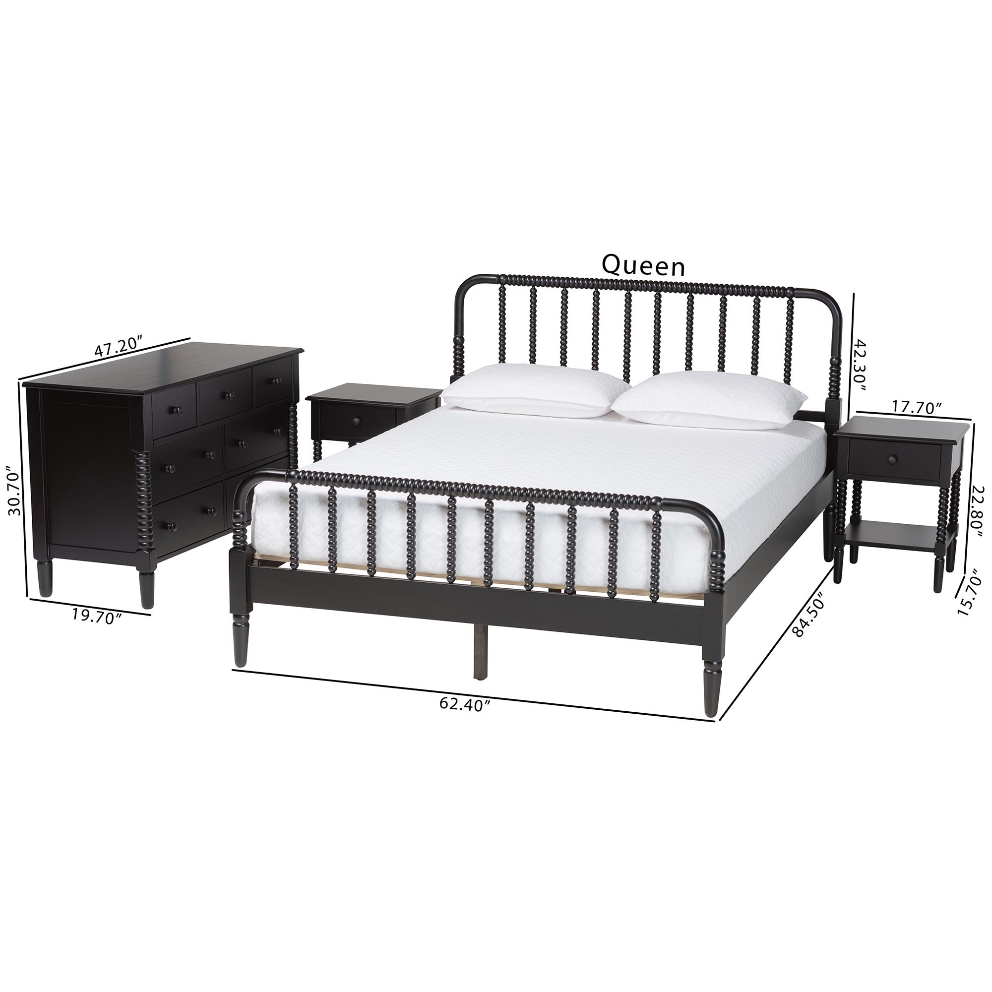 Baxton Studio Braith Farmhouse Black Spindle Wood Queen Size 4-Piece Bedroom Set with Two Nightstands