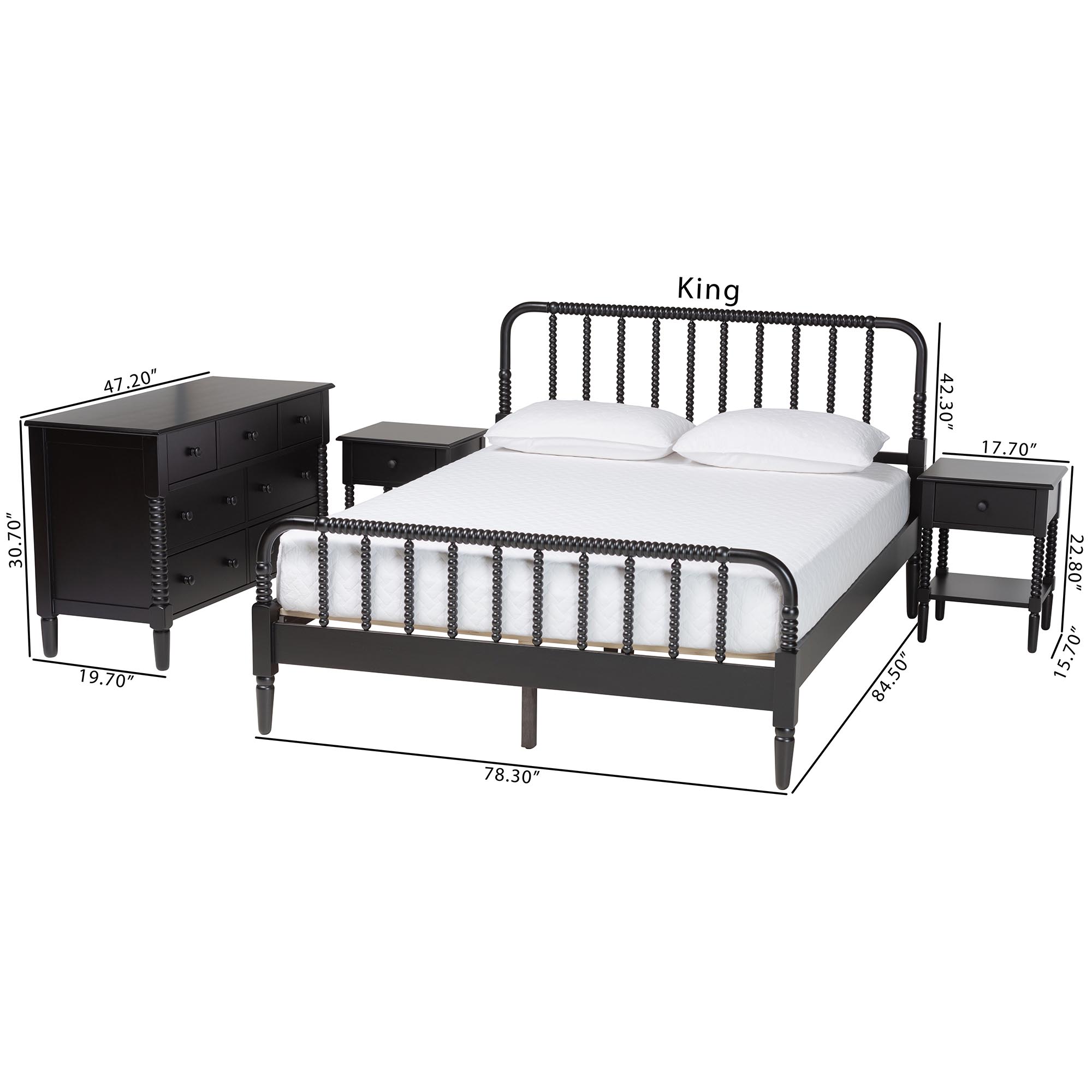 Baxton Studio Braith Farmhouse Black Spindle Wood Queen Size 4-Piece Bedroom Set with Two Nightstands