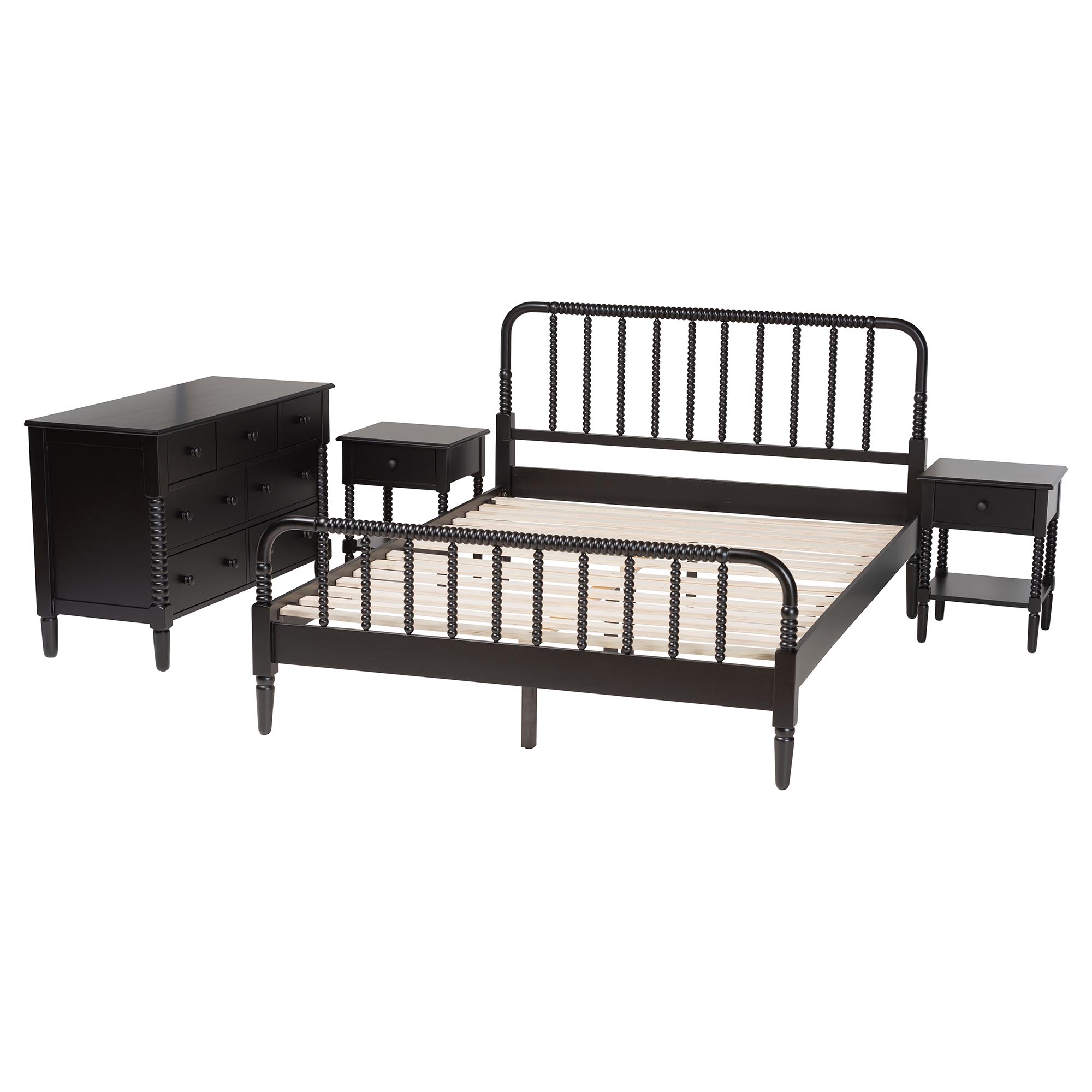 Baxton Studio Braith Farmhouse Black Spindle Wood King Size 4-Piece Bedroom Set with Two Nightstands