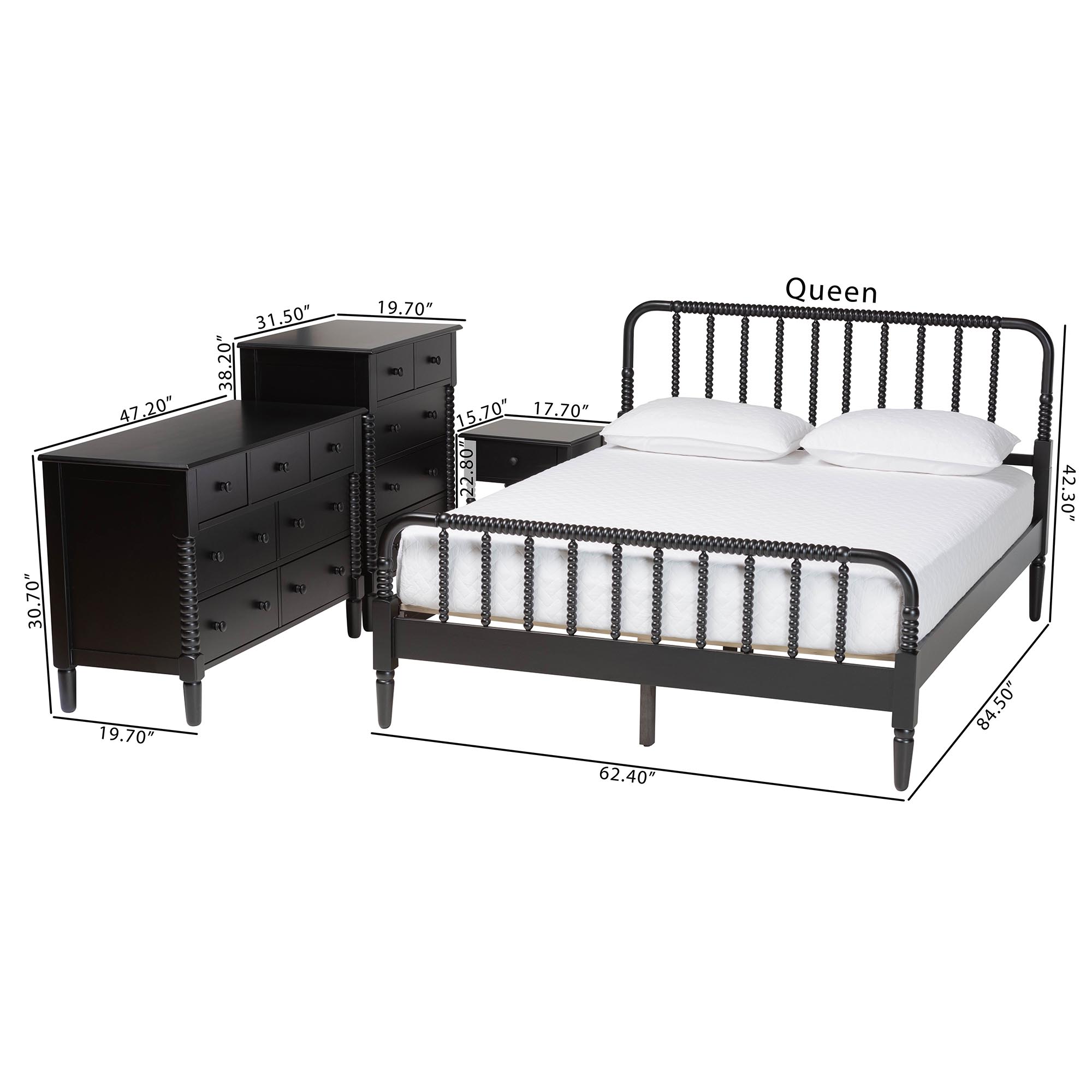 Baxton Studio Braith Farmhouse Black Spindle Wood Queen Size 4-Piece Bedroom Set