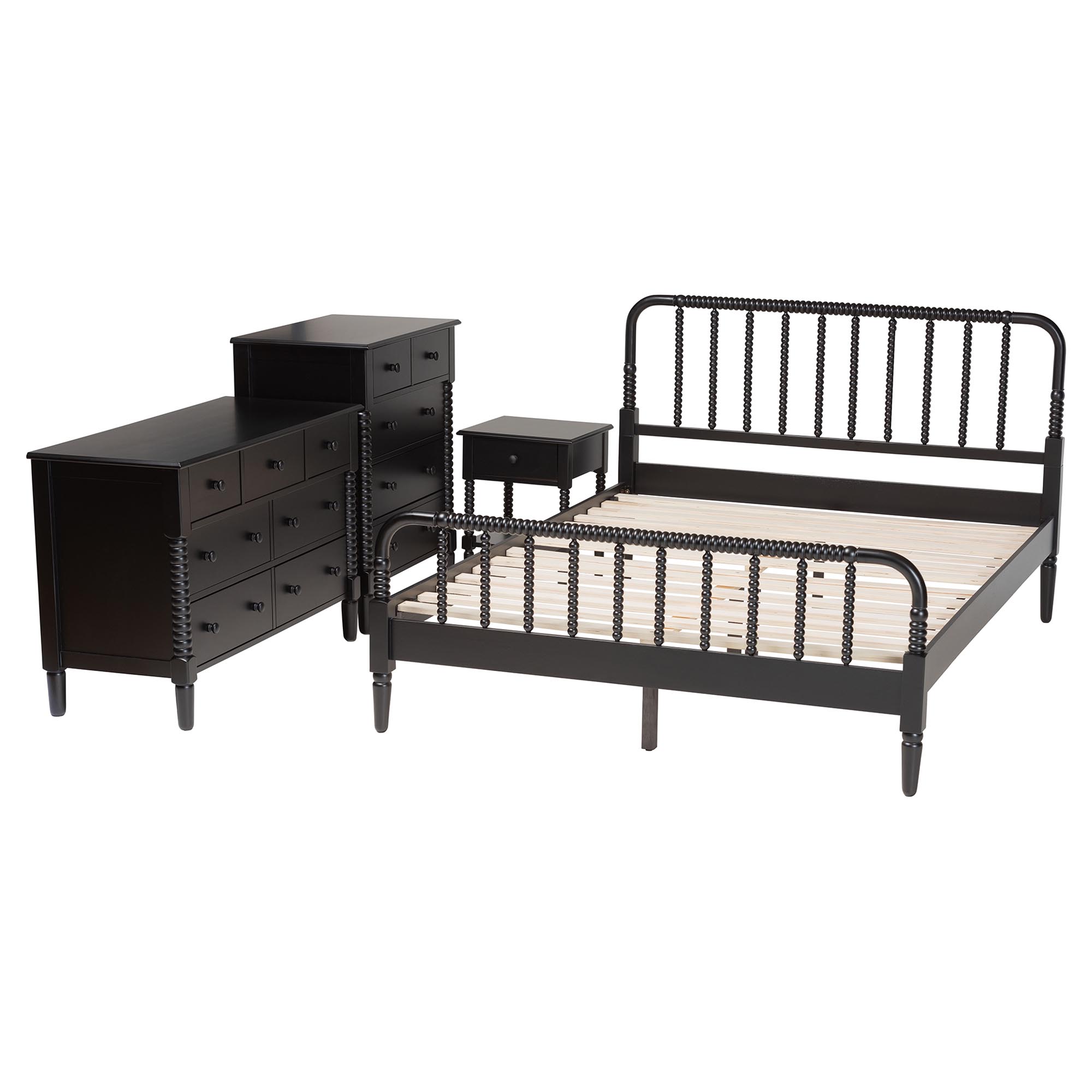 Baxton Studio Braith Farmhouse Black Spindle Wood King Size 4-Piece Bedroom Set