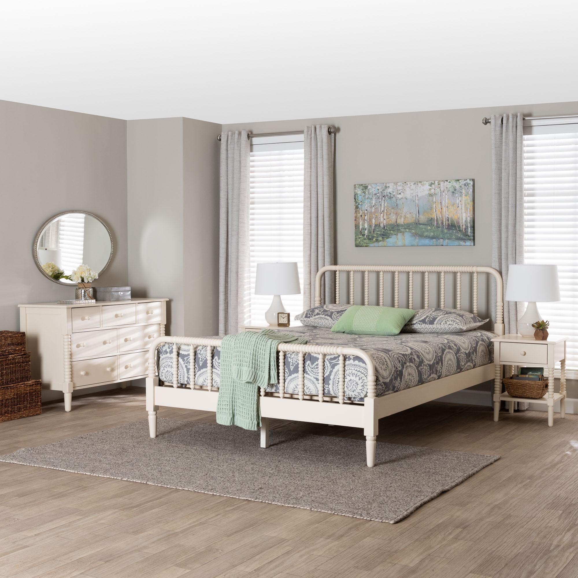 Baxton Studio Braith Farmhouse Ivory Spindle Wood King Size 4-Piece Bedroom Set with Two Nightstands