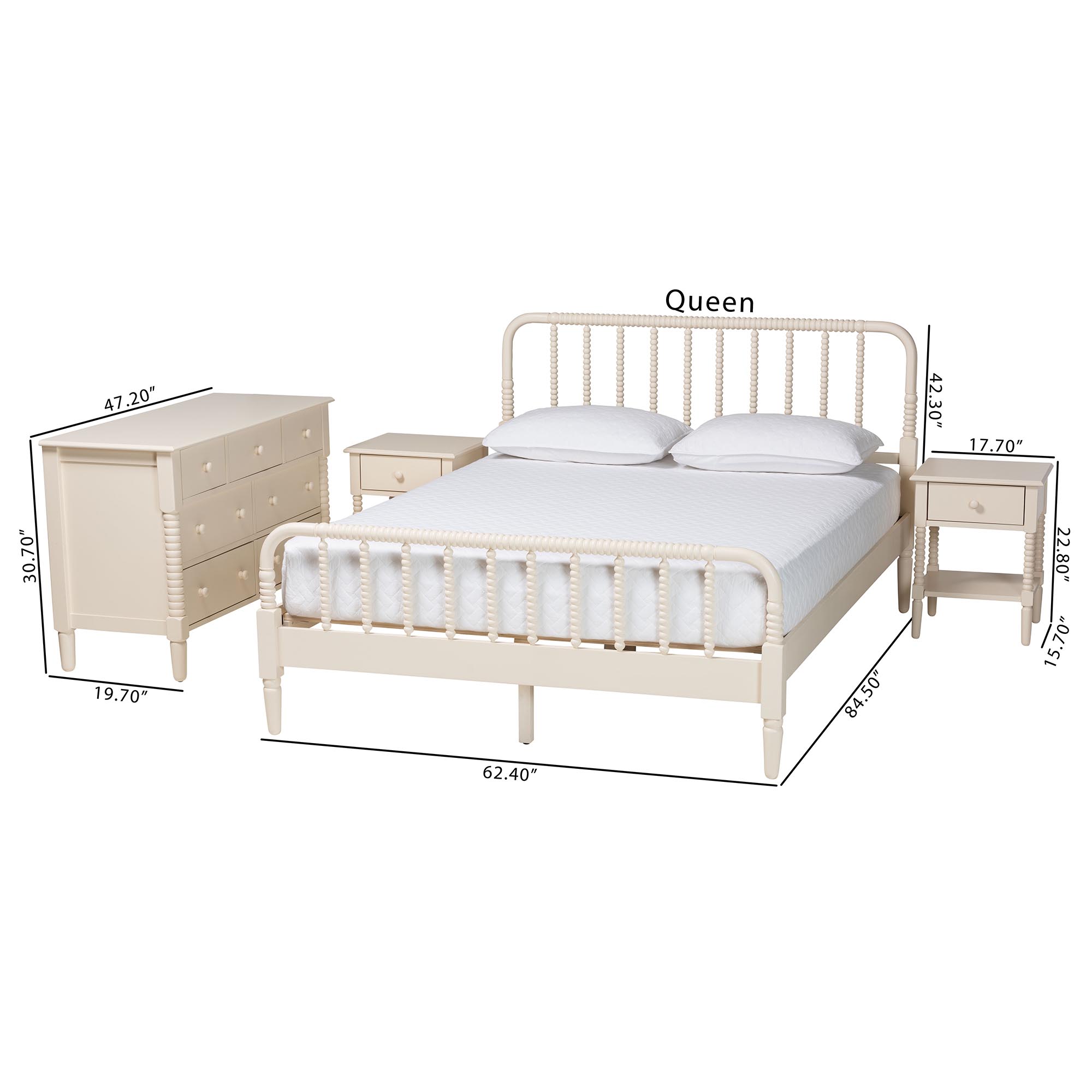 Baxton Studio Braith Farmhouse Ivory Spindle Wood King Size 4-Piece Bedroom Set with Two Nightstands