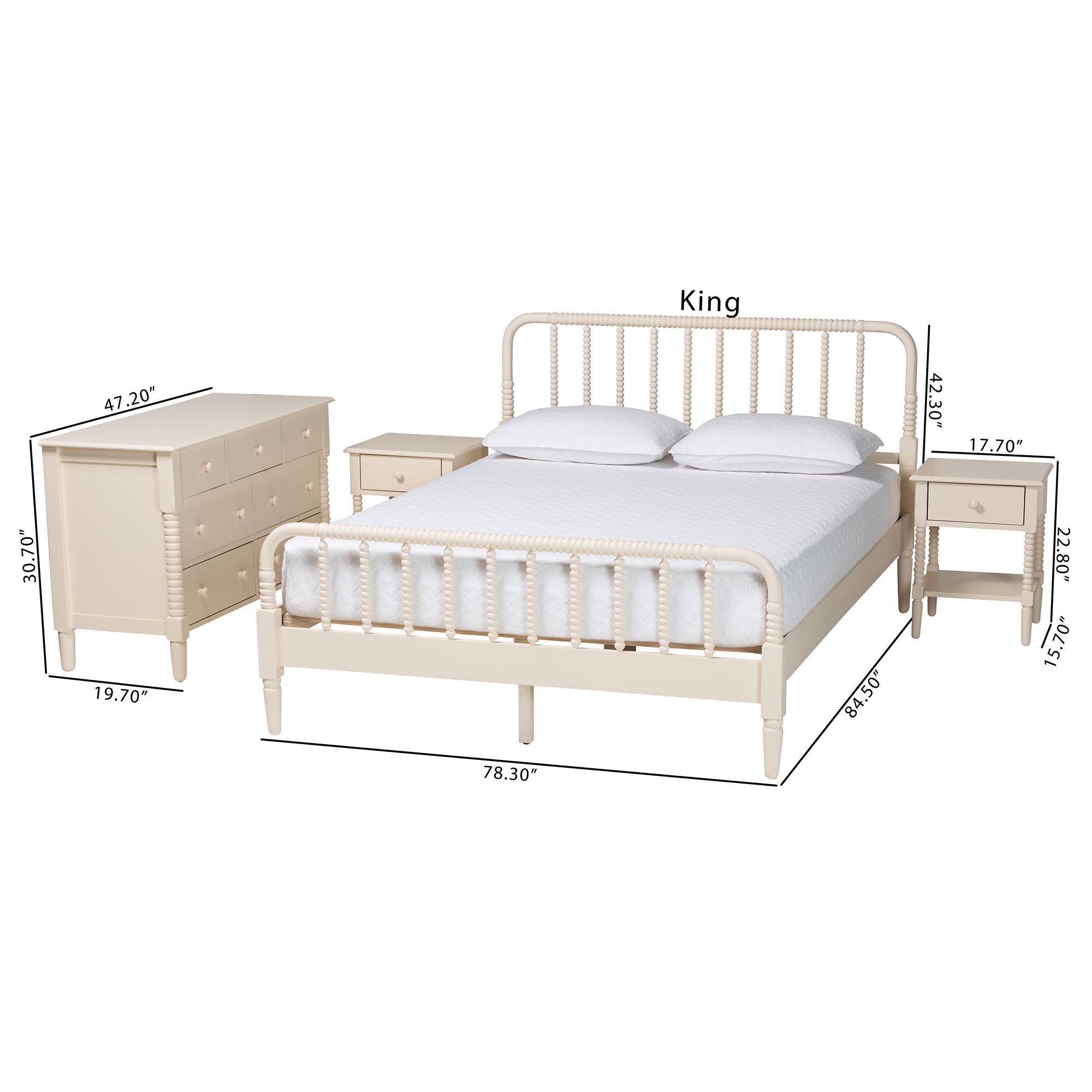 Baxton Studio Braith Farmhouse Ivory Spindle Wood Queen Size 4-Piece Bedroom Set with Two Nightstands