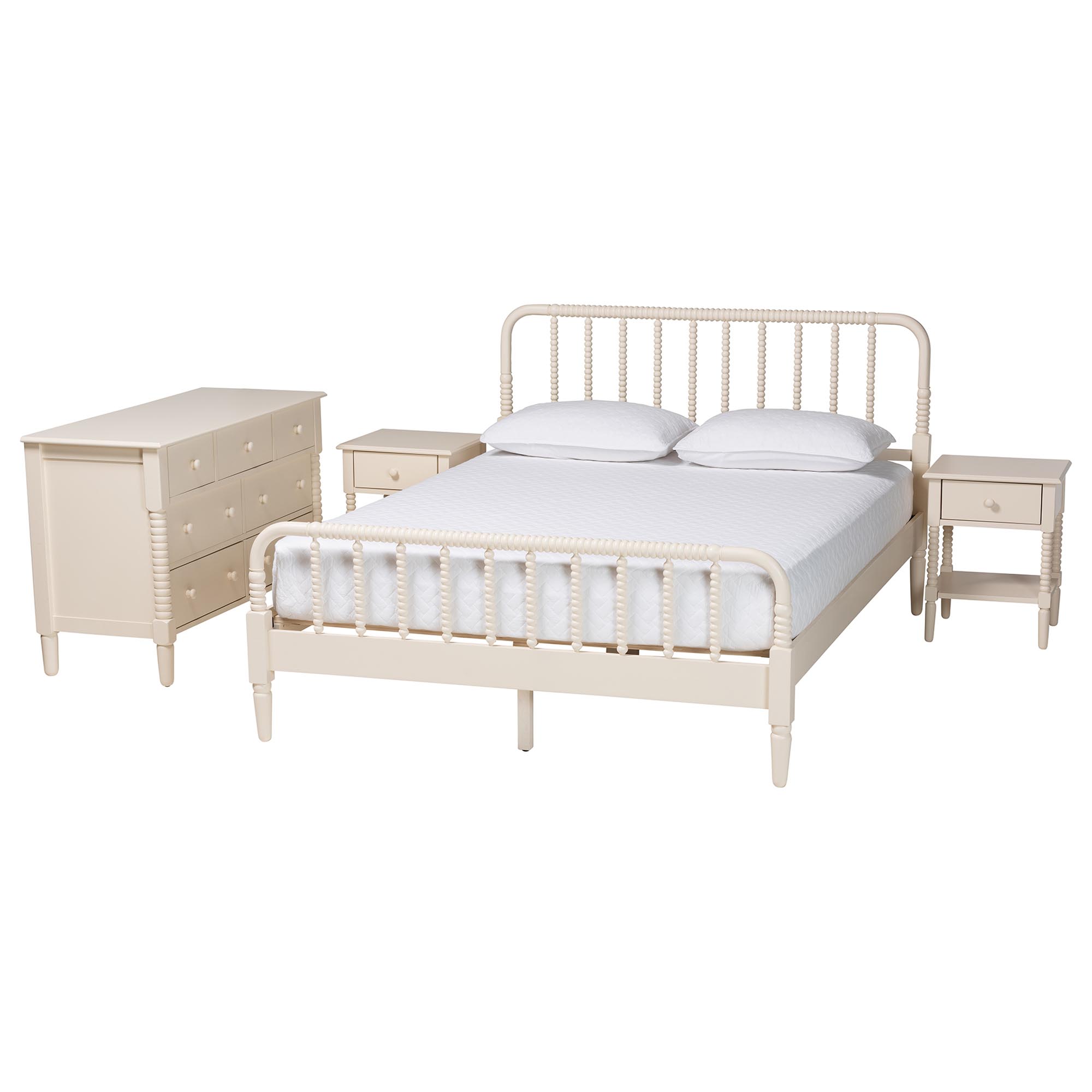 Baxton Studio Braith Farmhouse Ivory Spindle Wood Queen Size 4-Piece Bedroom Set with Two Nightstands
