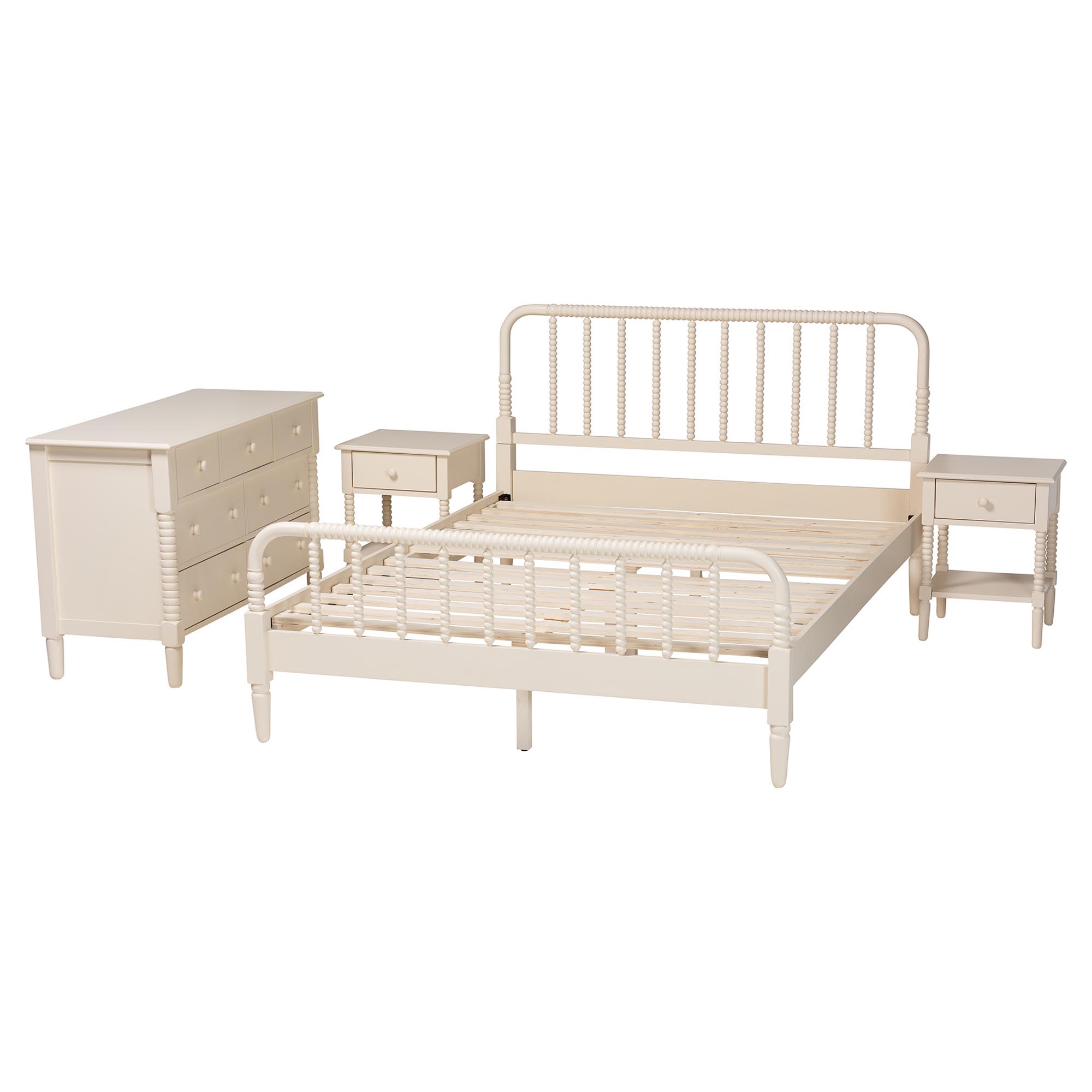 Baxton Studio Braith Farmhouse Ivory Spindle Wood Queen Size 4-Piece Bedroom Set with Two Nightstands