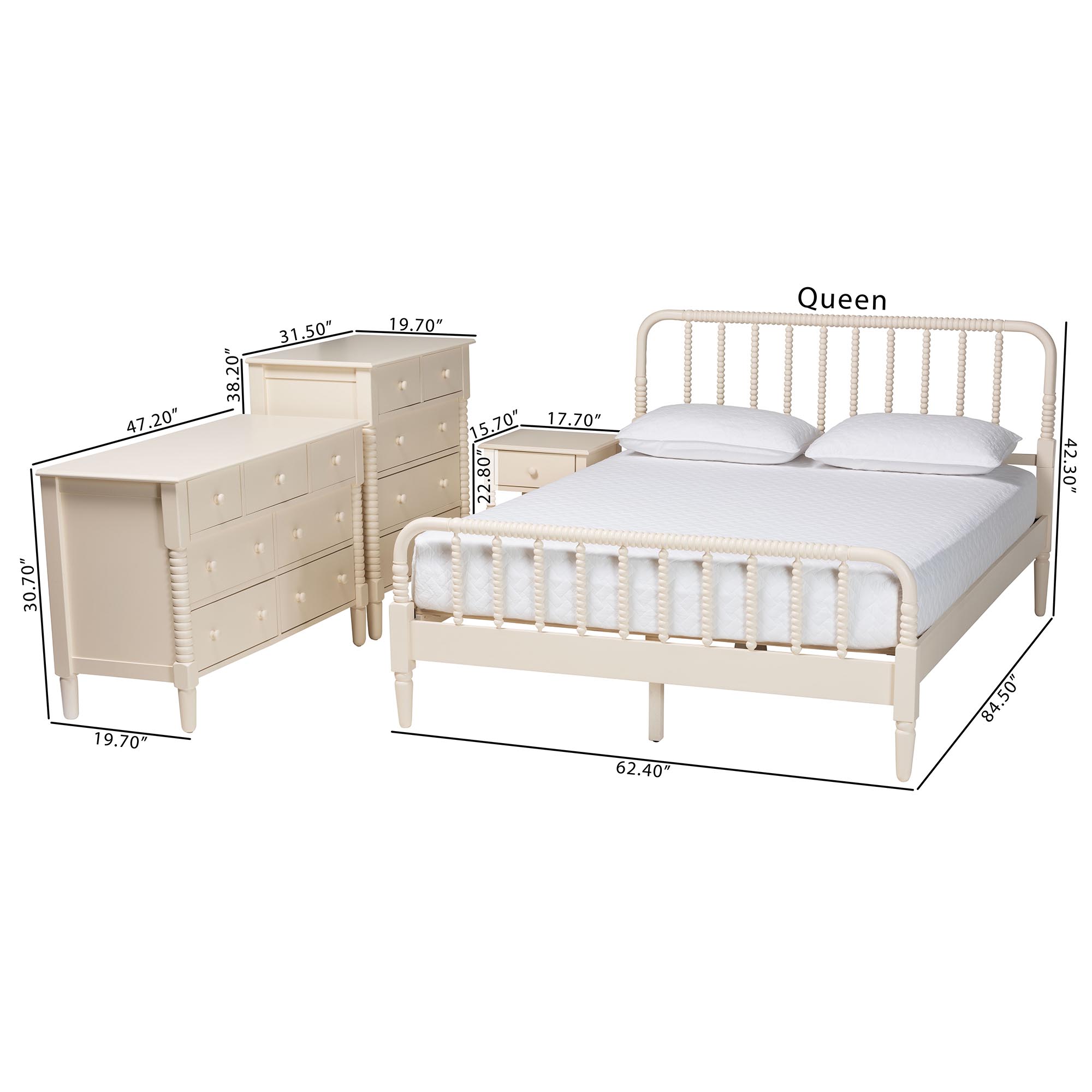 Baxton Studio Braith Farmhouse Ivory Spindle Wood King Size 4-Piece Bedroom Set