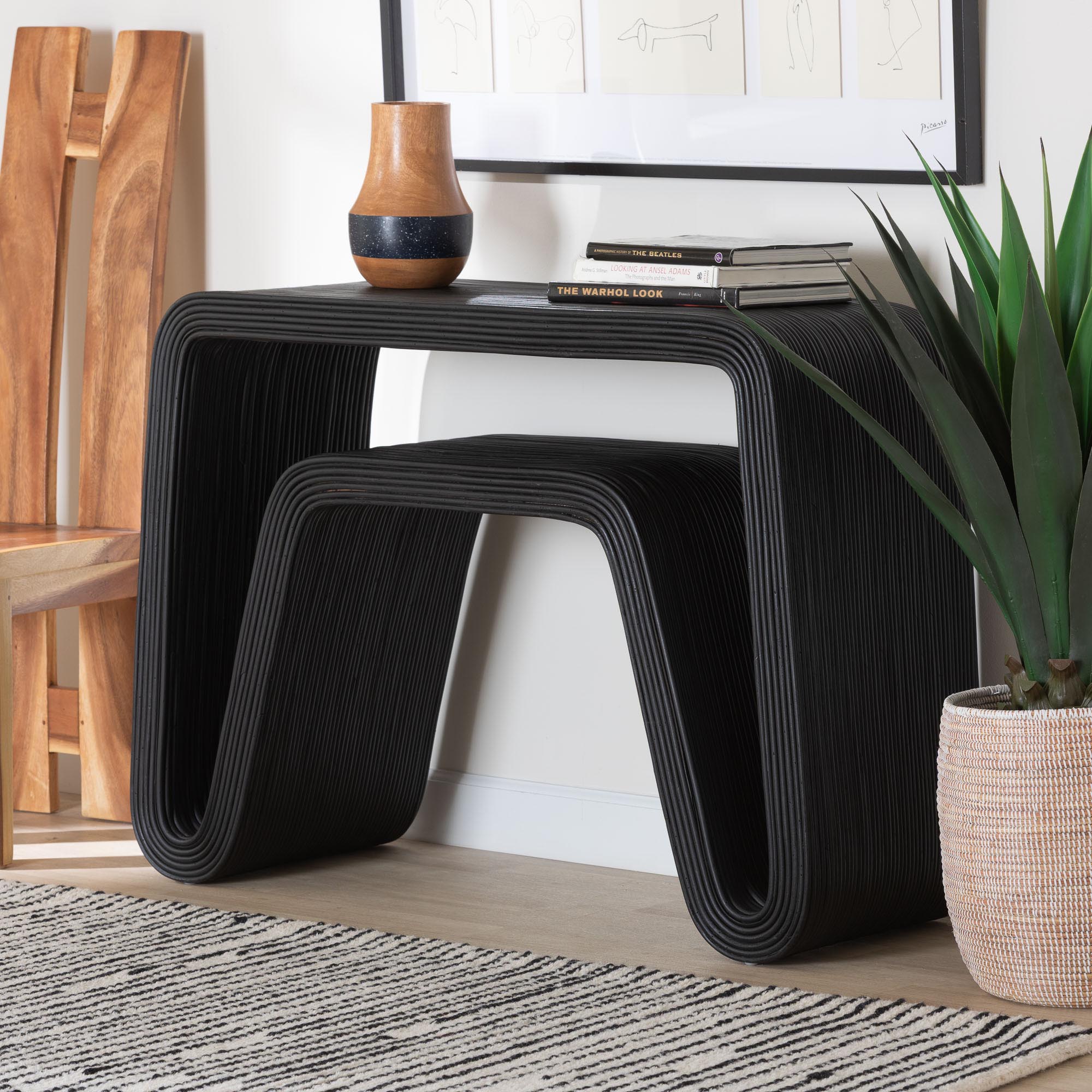 bali & pari Abebi Black Rattan Console Table - Modern Accent Table with Waterfall Silhouette and Open Hairpin Legs, Boho Coastal Style for Entryway, Hallway, or Living Room