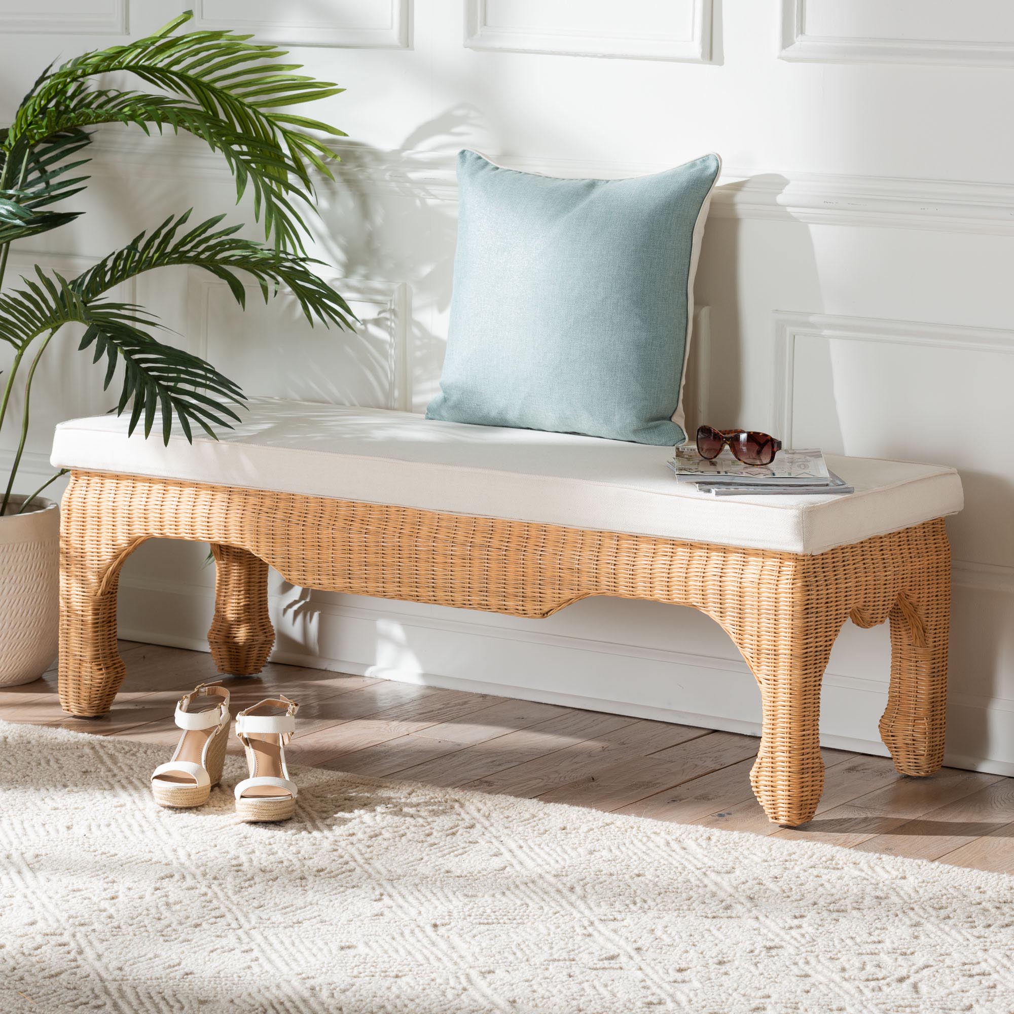 bali & pari Abena Ming Style Natural Rattan Bench with Cushion - Boho Chic Accent Seating for Entryway, Bedroom, or Living Room