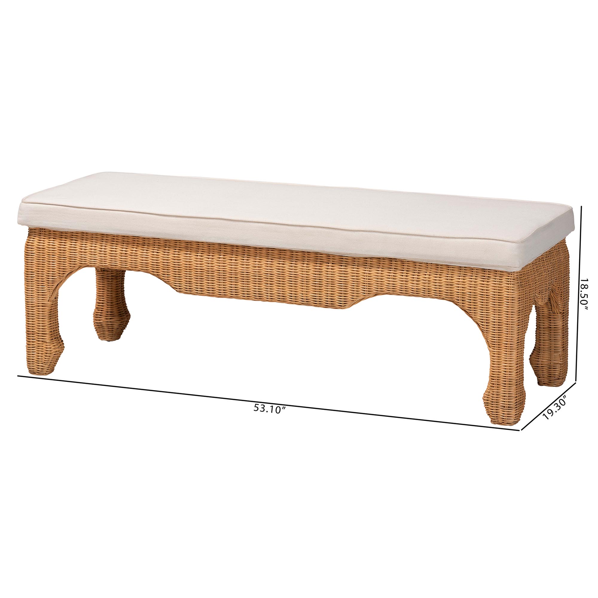 bali & pari Abena Ming Style Natural Rattan Bench with Cushion - Boho Chic Accent Seating for Entryway, Bedroom, or Living Room