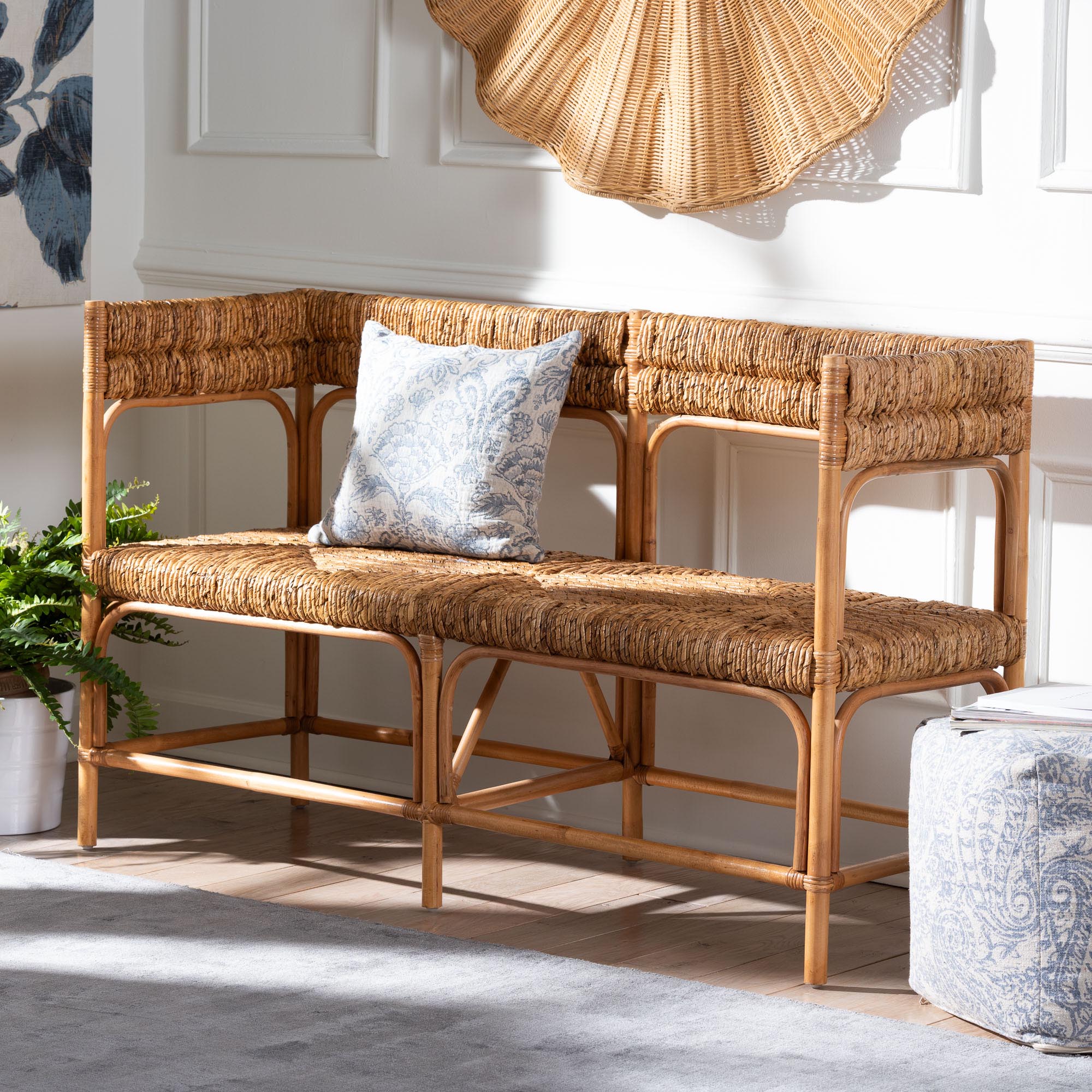 bali & pari Adisa Natural Rattan Bench - Handcrafted Banquette with Woven Seagrass Seat and Back, Coastal Boho Accent Seating for Entryway, Dining or Living Room