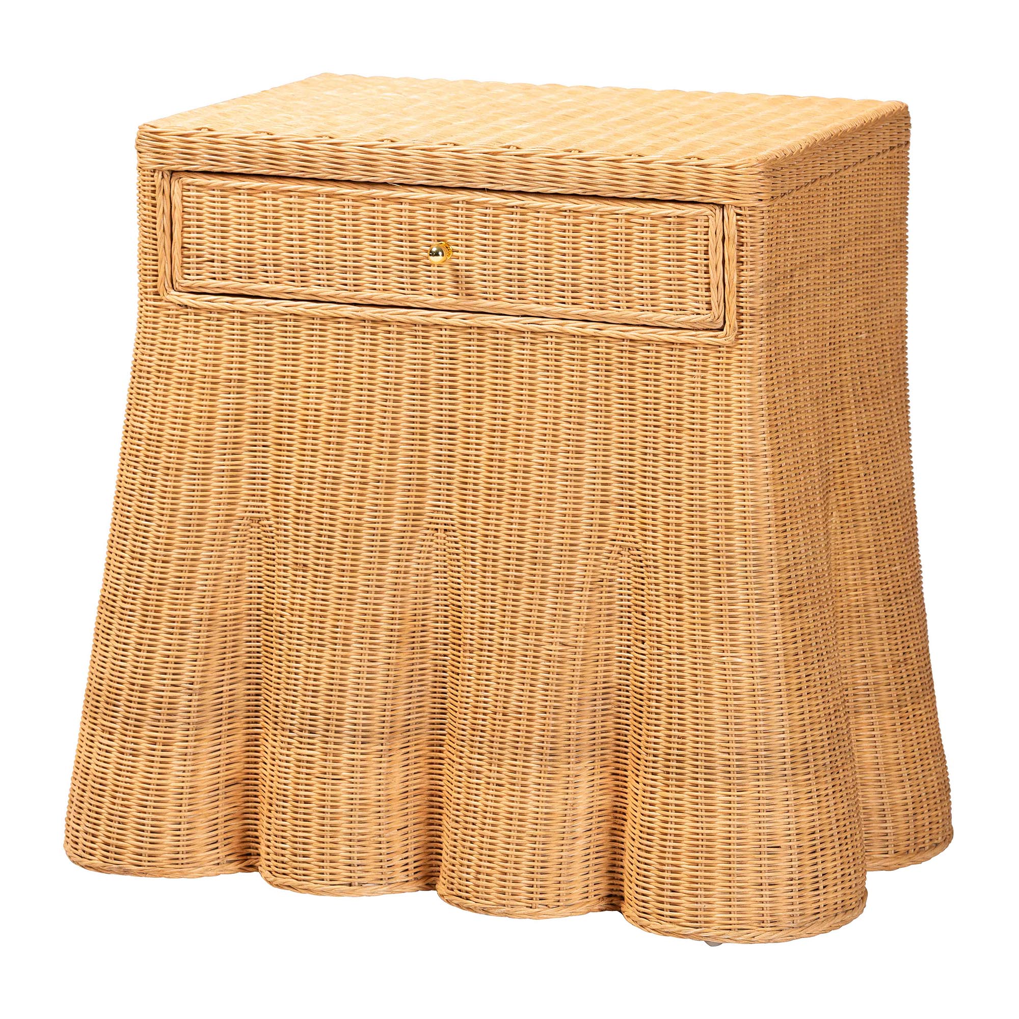 bali & pari Chica Scalloped Natural Rattan Console Table with Drawer - Handwoven Wicker Accent Table with Flared Skirt, Coastal Boho Style for Entryway or Living Room, Rectangle