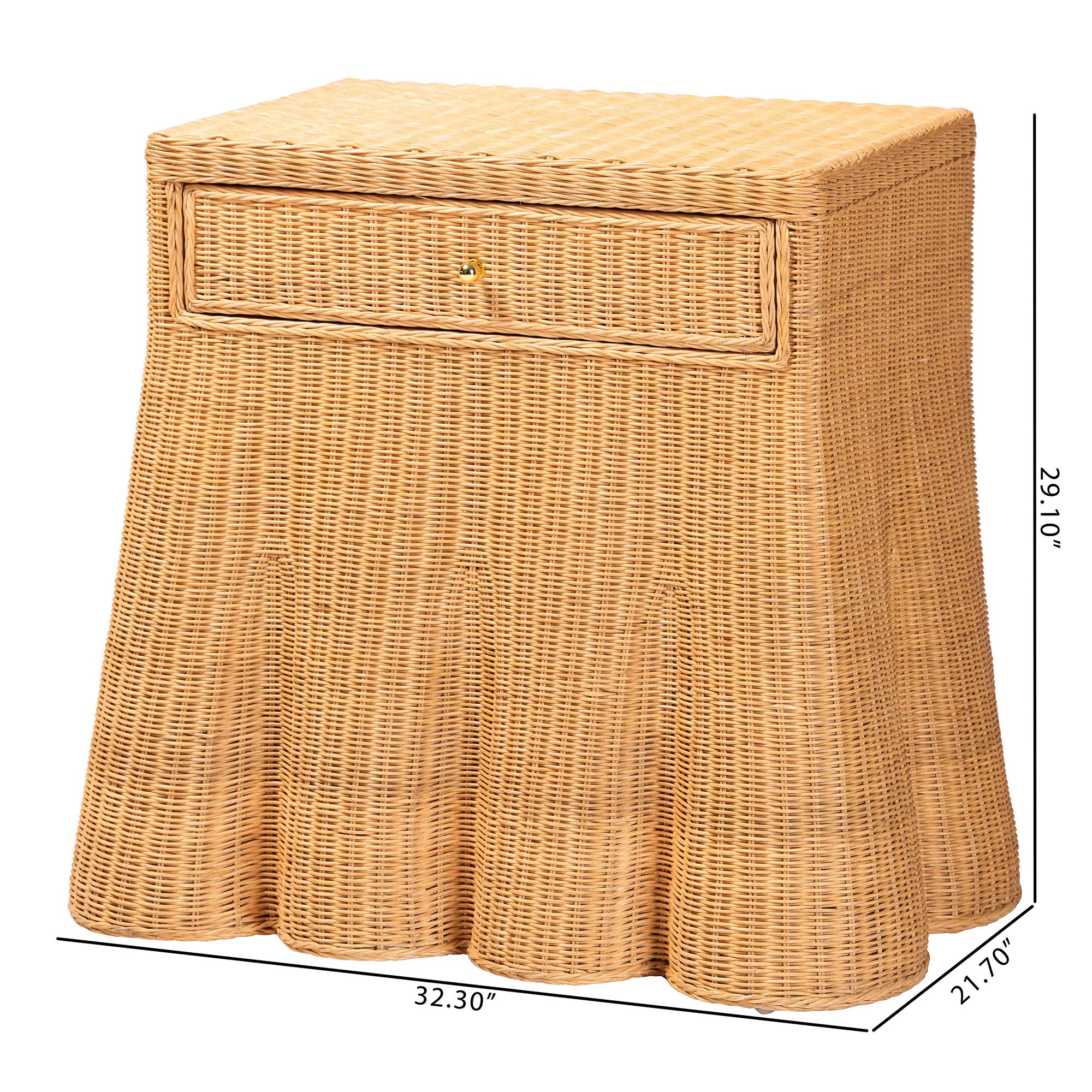 bali & pari Chica Scalloped Natural Rattan Console Table with Drawer - Handwoven Wicker Accent Table with Flared Skirt, Coastal Boho Style for Entryway or Living Room, Rectangle