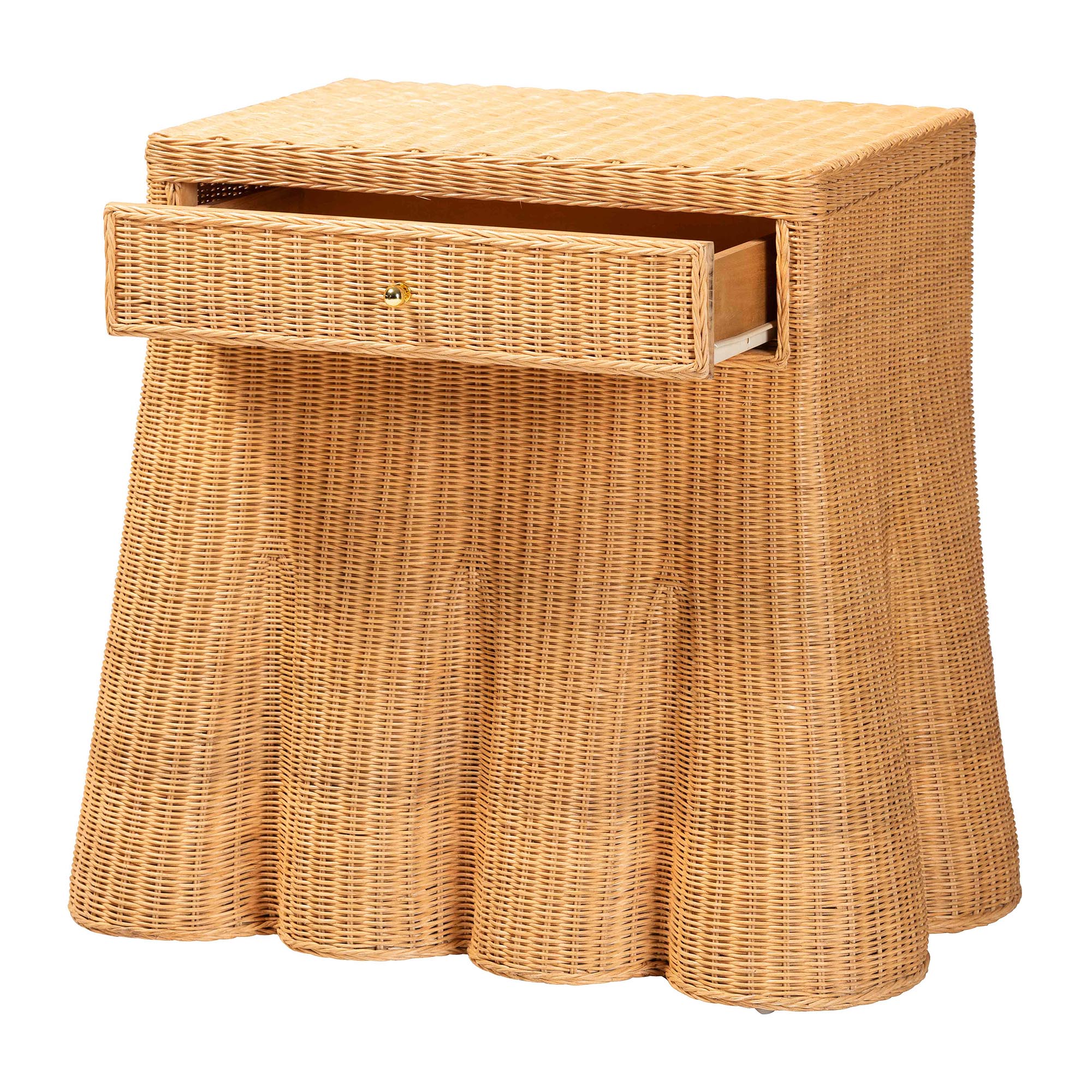 bali & pari Chica Scalloped Natural Rattan Console Table with Drawer - Handwoven Wicker Accent Table with Flared Skirt, Coastal Boho Style for Entryway or Living Room, Rectangle