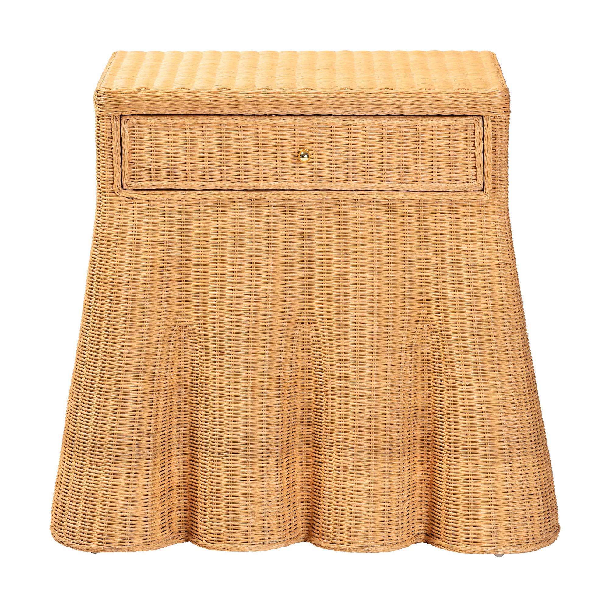 bali & pari Chica Scalloped Natural Rattan Console Table with Drawer - Handwoven Wicker Accent Table with Flared Skirt, Coastal Boho Style for Entryway or Living Room, Rectangle
