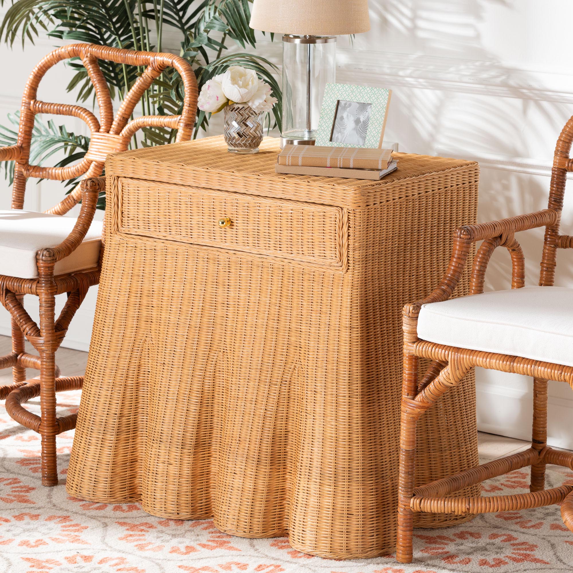 bali & pari Chica Scalloped Natural Rattan Console Table with Drawer - Handwoven Wicker Accent Table with Flared Skirt, Coastal Boho Style for Entryway or Living Room, Rectangle