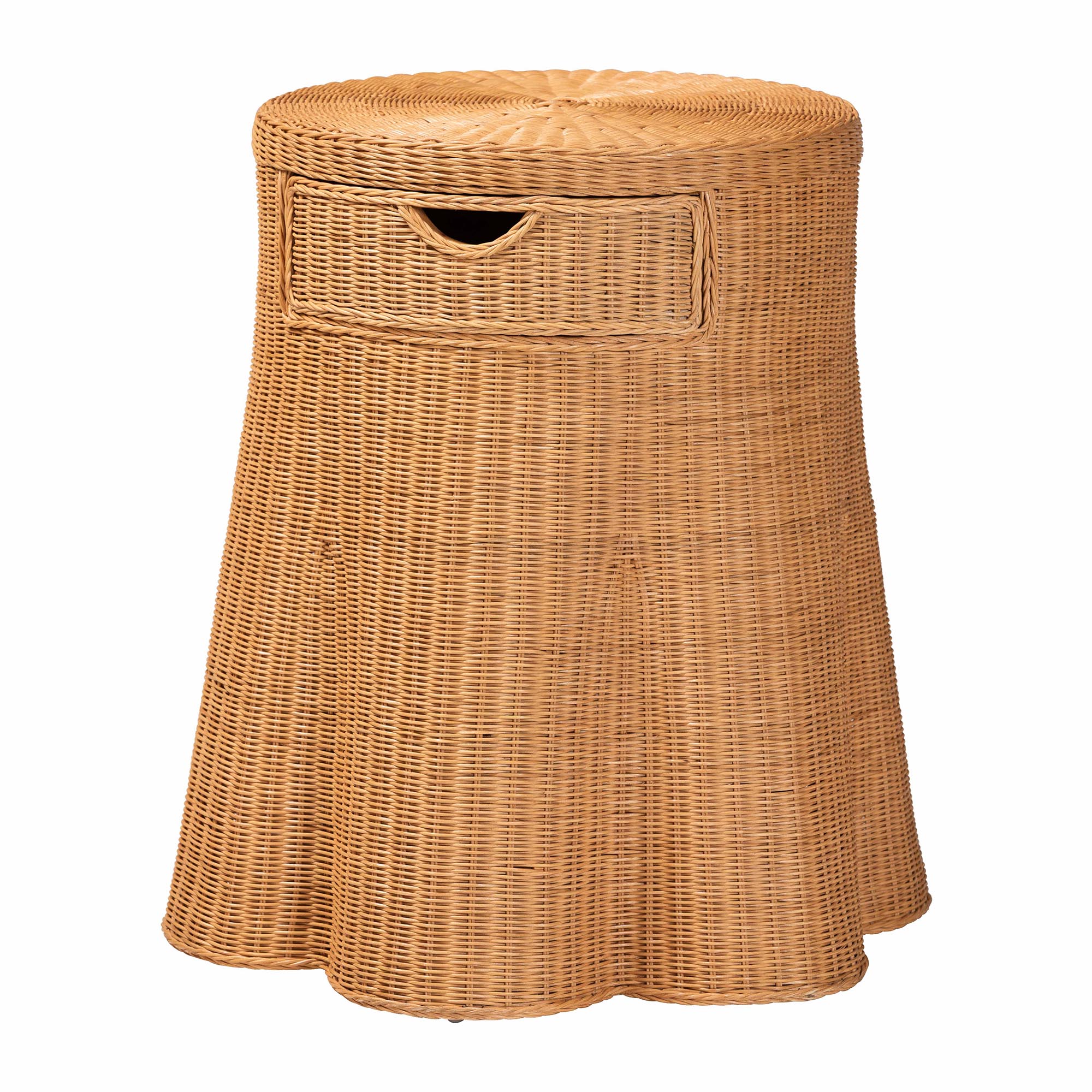 bali & pari Dayo Scalloped Natural Rattan Console Table with Drawer - Handwoven Wicker Accent Table with Flared Skirt, Coastal Boho Style for Entryway or Living Room, Round