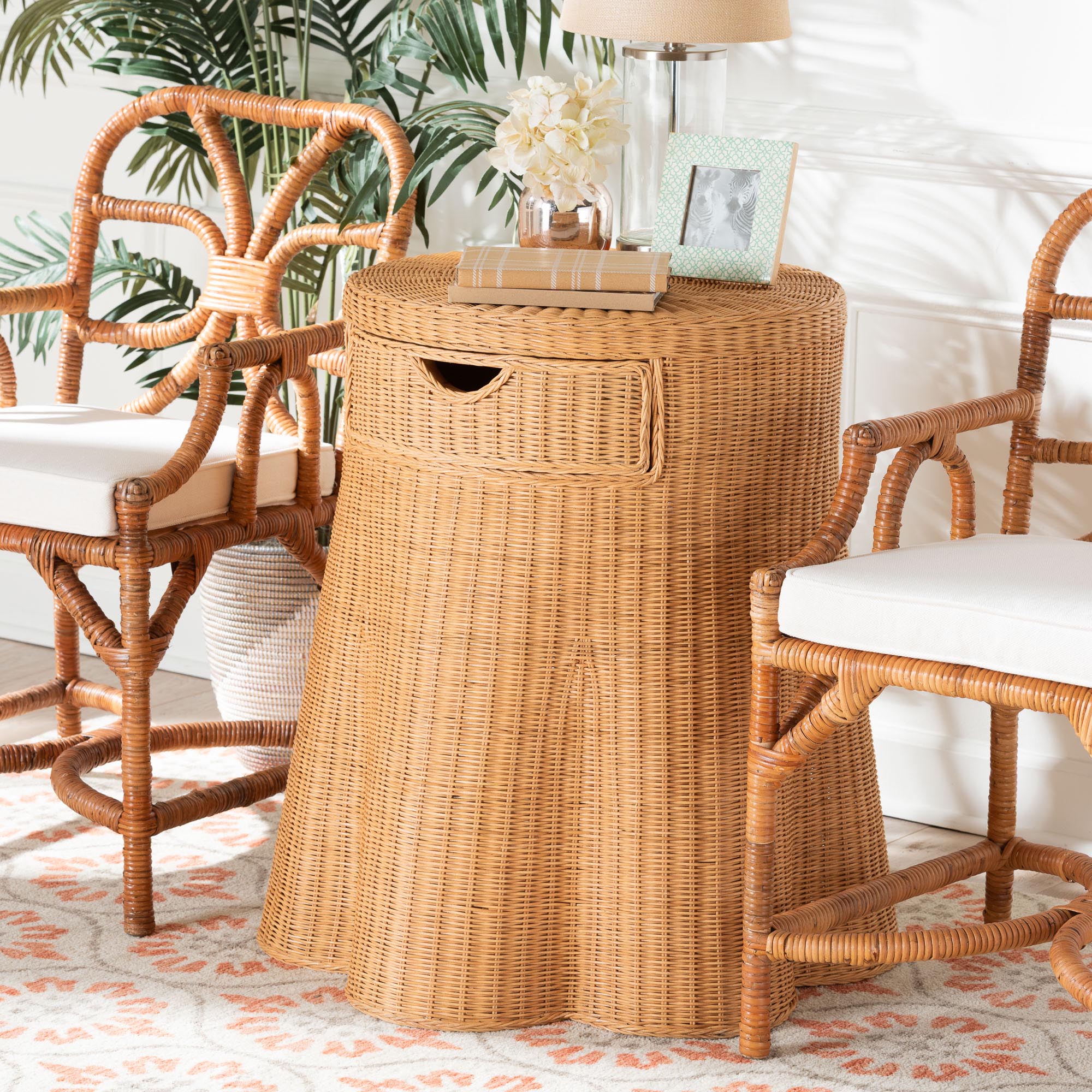 bali & pari Dayo Scalloped Natural Rattan Console Table with Drawer - Handwoven Wicker Accent Table with Flared Skirt, Coastal Boho Style for Entryway or Living Room, Round