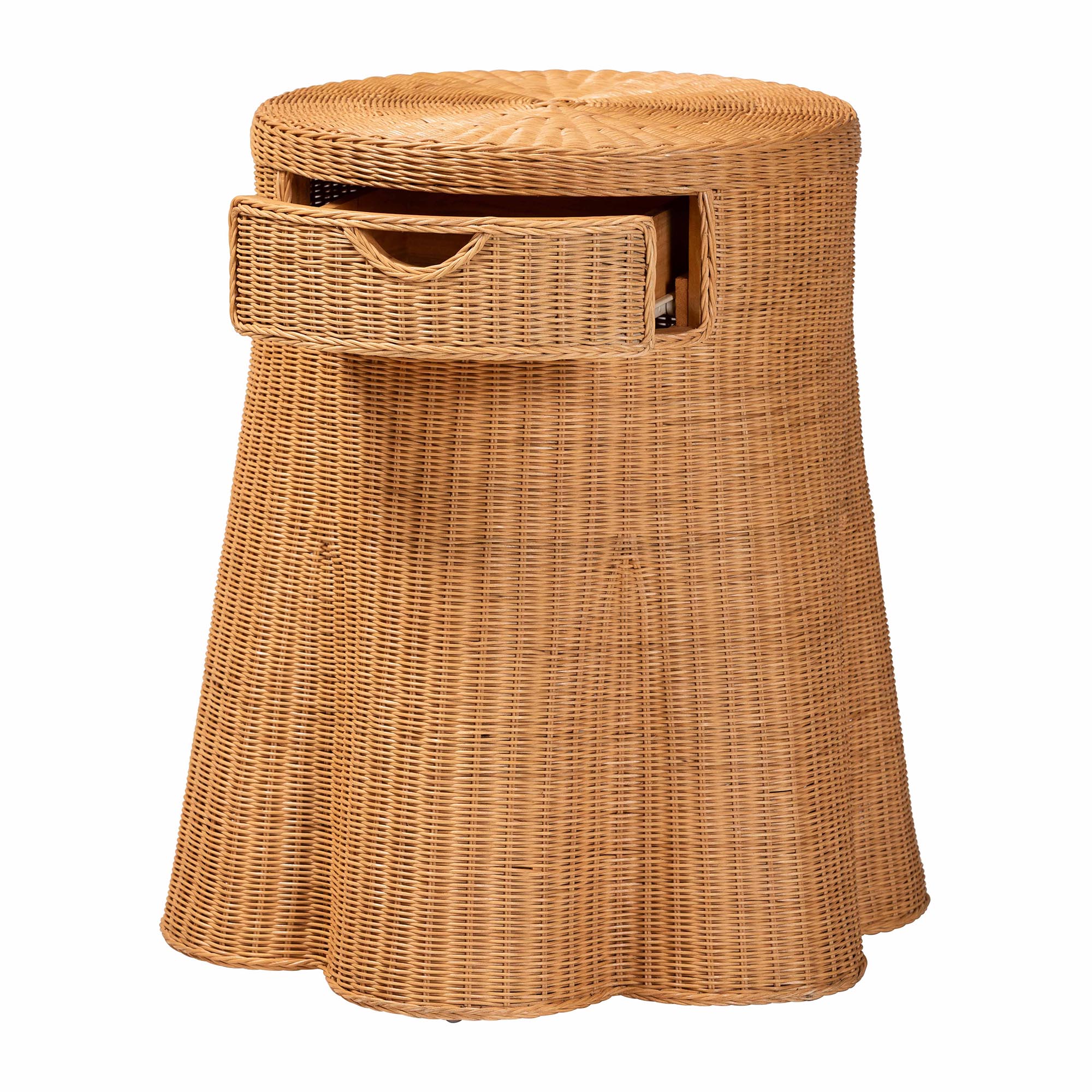 bali & pari Dayo Scalloped Natural Rattan Console Table with Drawer - Handwoven Wicker Accent Table with Flared Skirt, Coastal Boho Style for Entryway or Living Room, Round