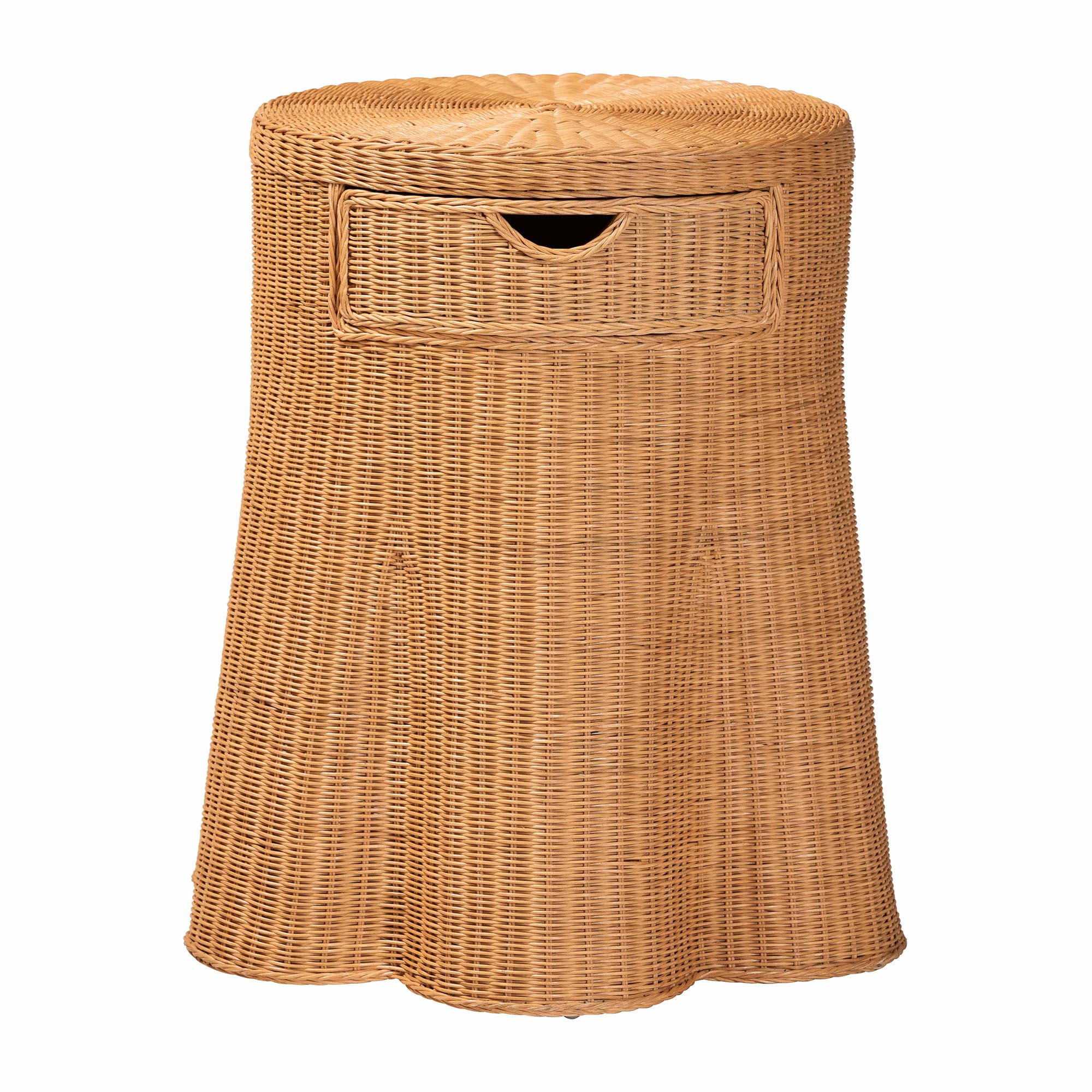 bali & pari Dayo Scalloped Natural Rattan Console Table with Drawer - Handwoven Wicker Accent Table with Flared Skirt, Coastal Boho Style for Entryway or Living Room, Round