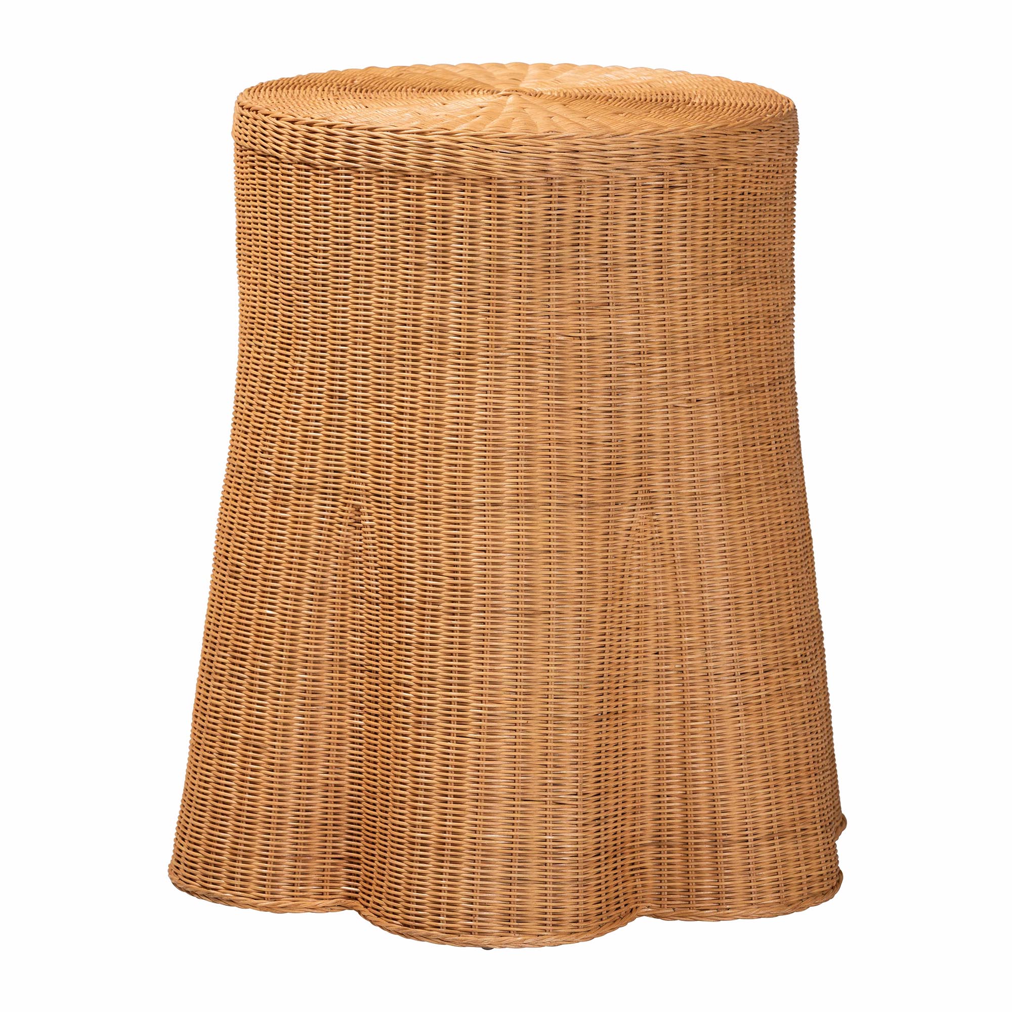 bali & pari Dayo Scalloped Natural Rattan Console Table with Drawer - Handwoven Wicker Accent Table with Flared Skirt, Coastal Boho Style for Entryway or Living Room, Round