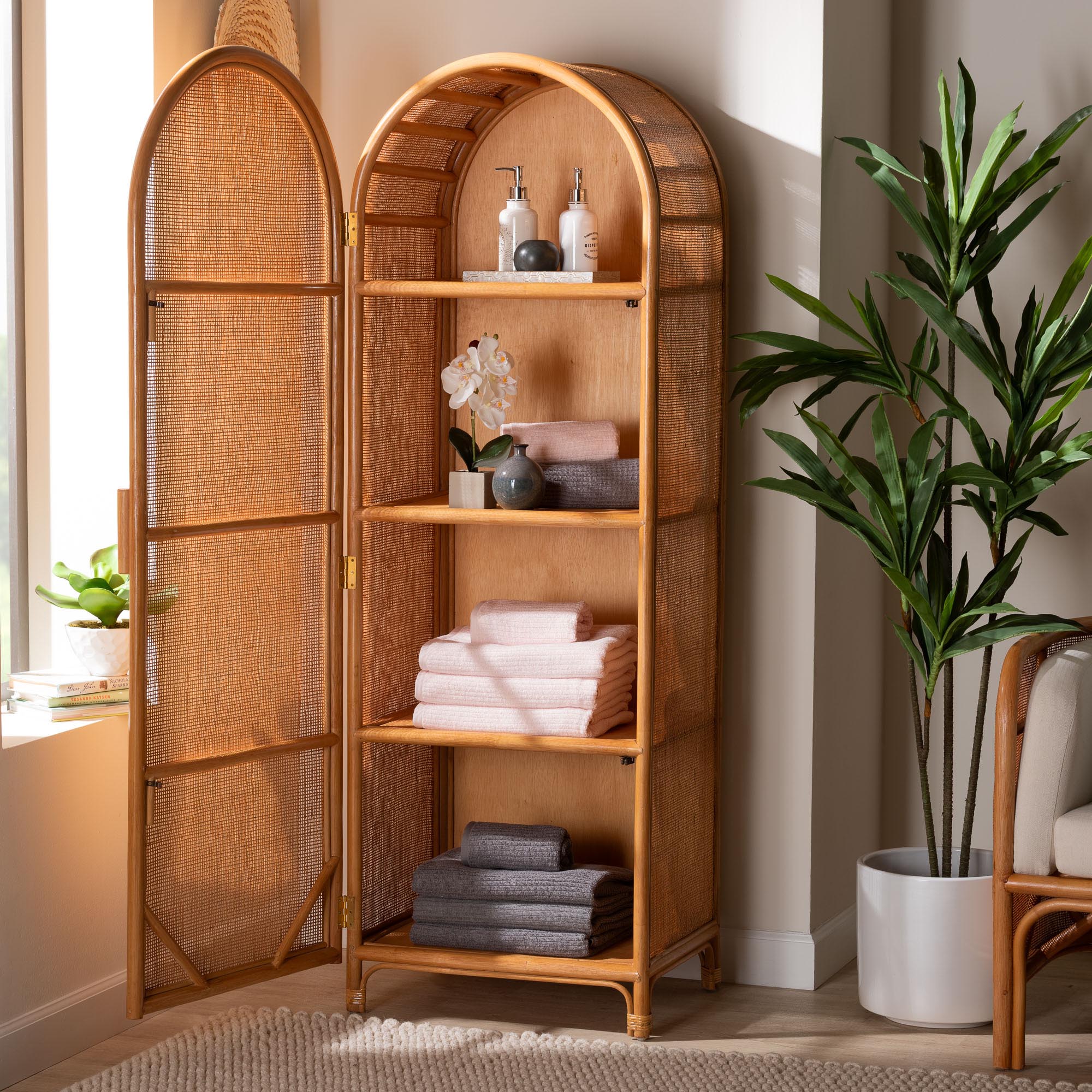 bali & pari Paloma Arched Rattan Accent Cabinet with Shelves - Handwoven Cane Display Unit with Door, Boho Chic Decorative Furniture Piece for Living Room Entryway or Sunroom