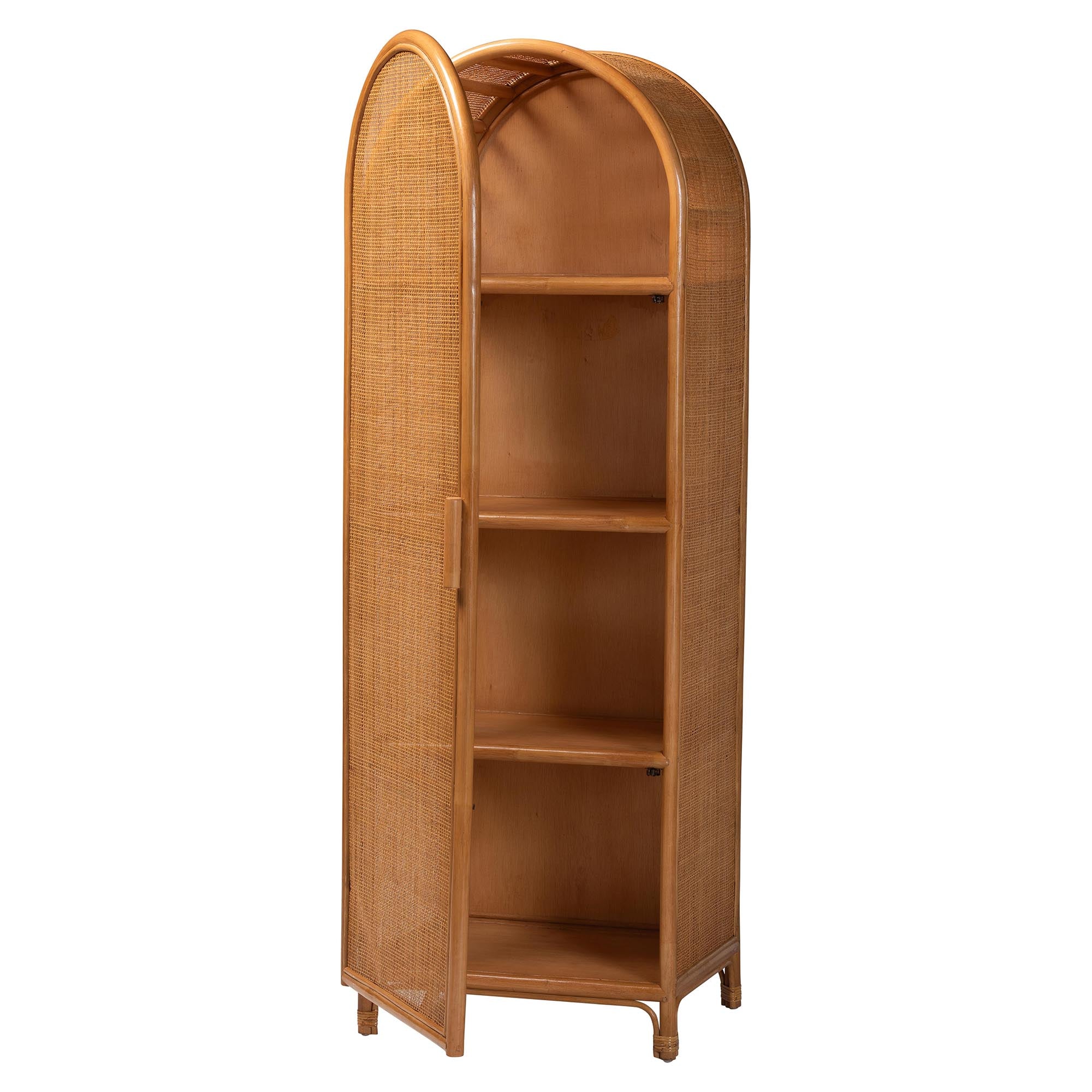 bali & pari Paloma Arched Rattan Accent Cabinet with Shelves - Handwoven Cane Display Unit with Door, Boho Chic Decorative Furniture Piece for Living Room Entryway or Sunroom