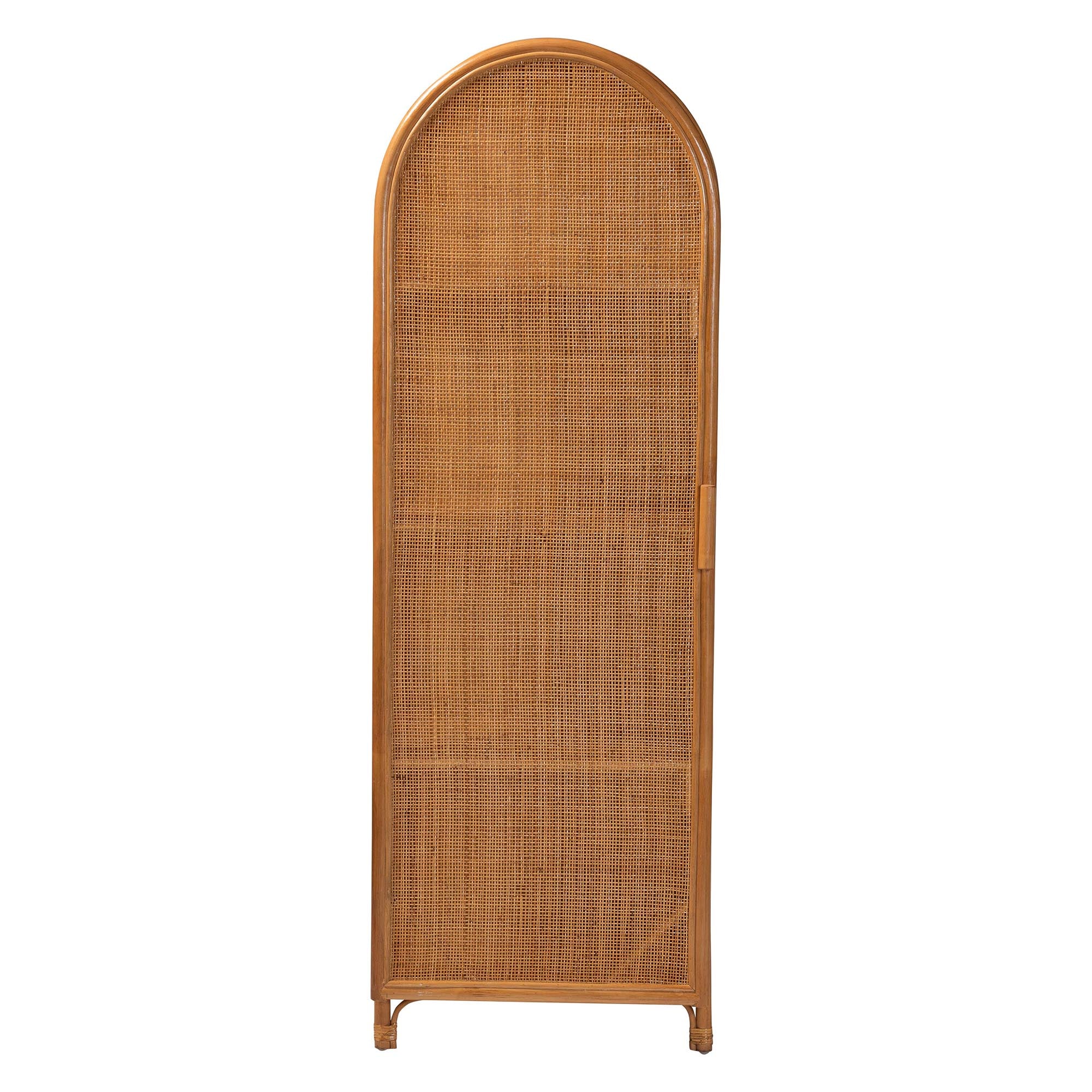bali & pari Paloma Arched Rattan Accent Cabinet with Shelves - Handwoven Cane Display Unit with Door, Boho Chic Decorative Furniture Piece for Living Room Entryway or Sunroom