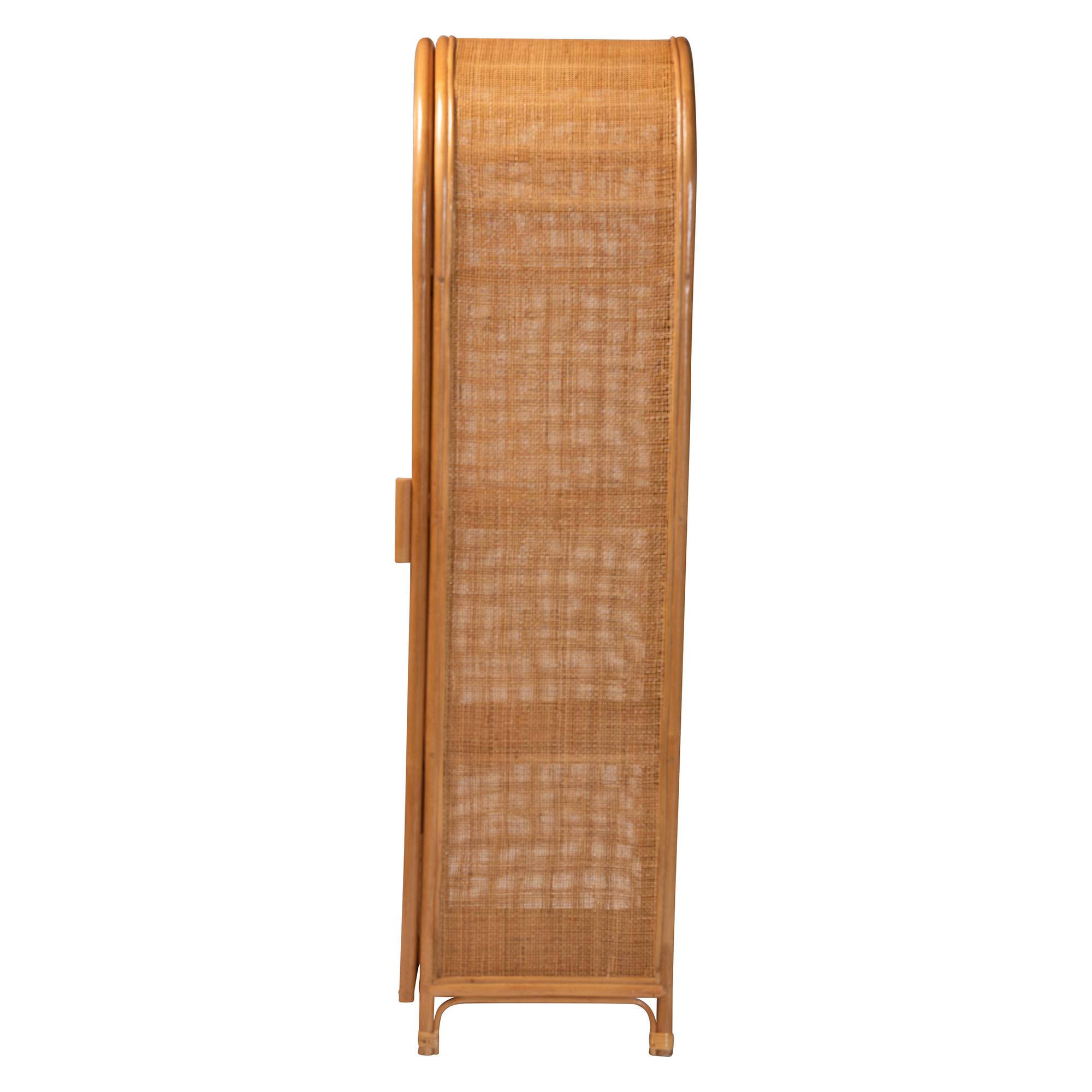 bali & pari Paloma Arched Rattan Accent Cabinet with Shelves - Handwoven Cane Display Unit with Door, Boho Chic Decorative Furniture Piece for Living Room Entryway or Sunroom