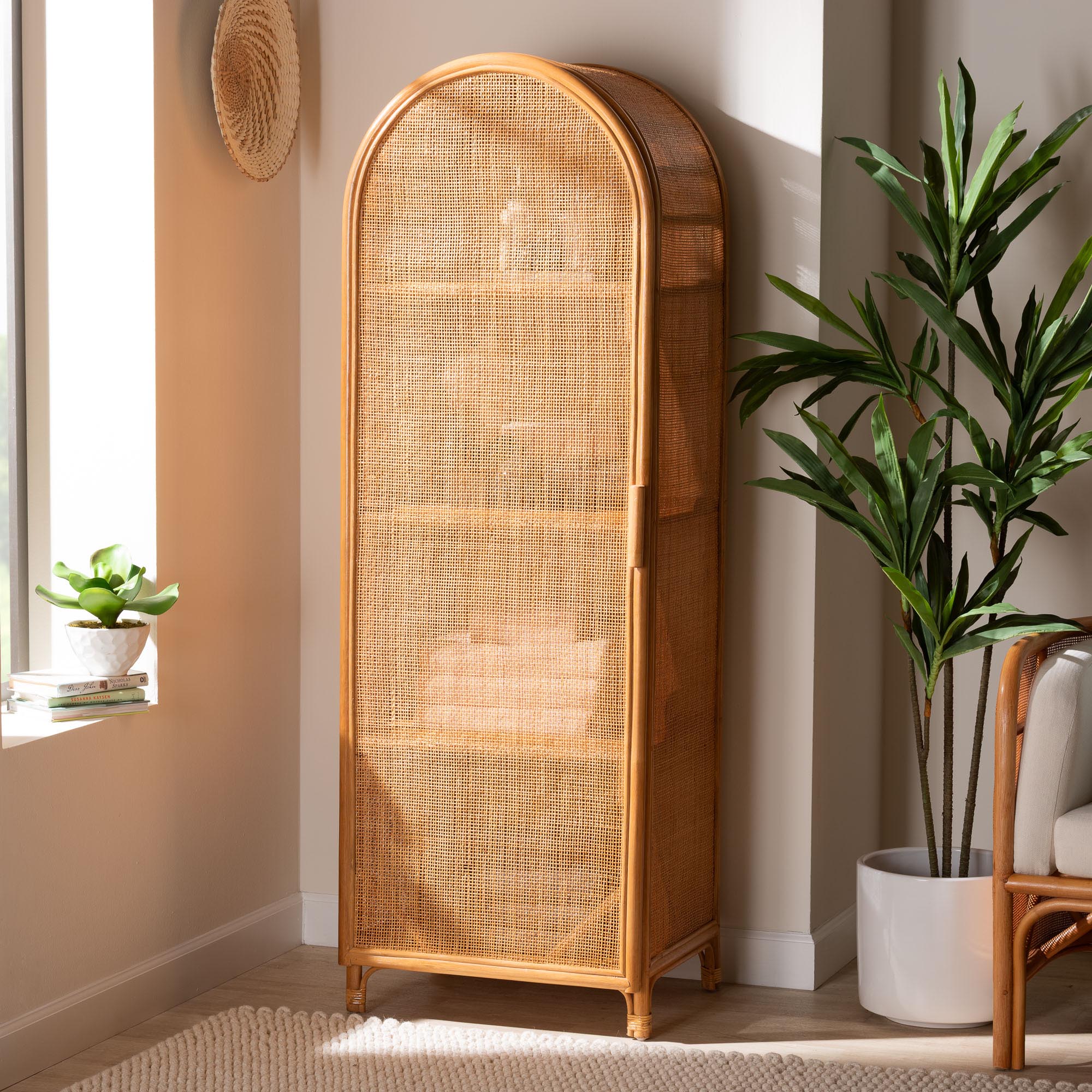 bali & pari Paloma Arched Rattan Accent Cabinet with Shelves - Handwoven Cane Display Unit with Door, Boho Chic Decorative Furniture Piece for Living Room Entryway or Sunroom