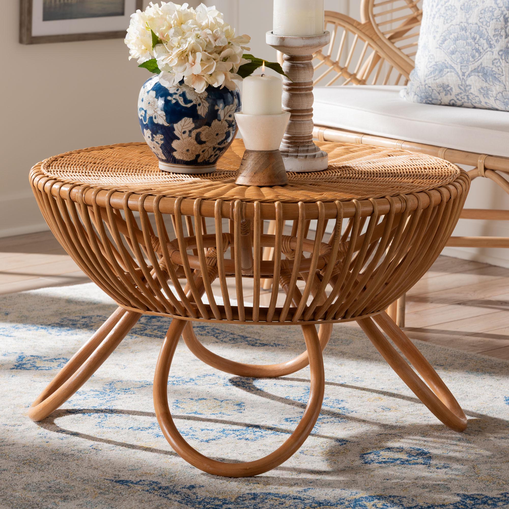 bali & pari Abel Natural Rattan Coffee Table with Splayed Legs - Handcrafted Boho Accent Table, Light Honey