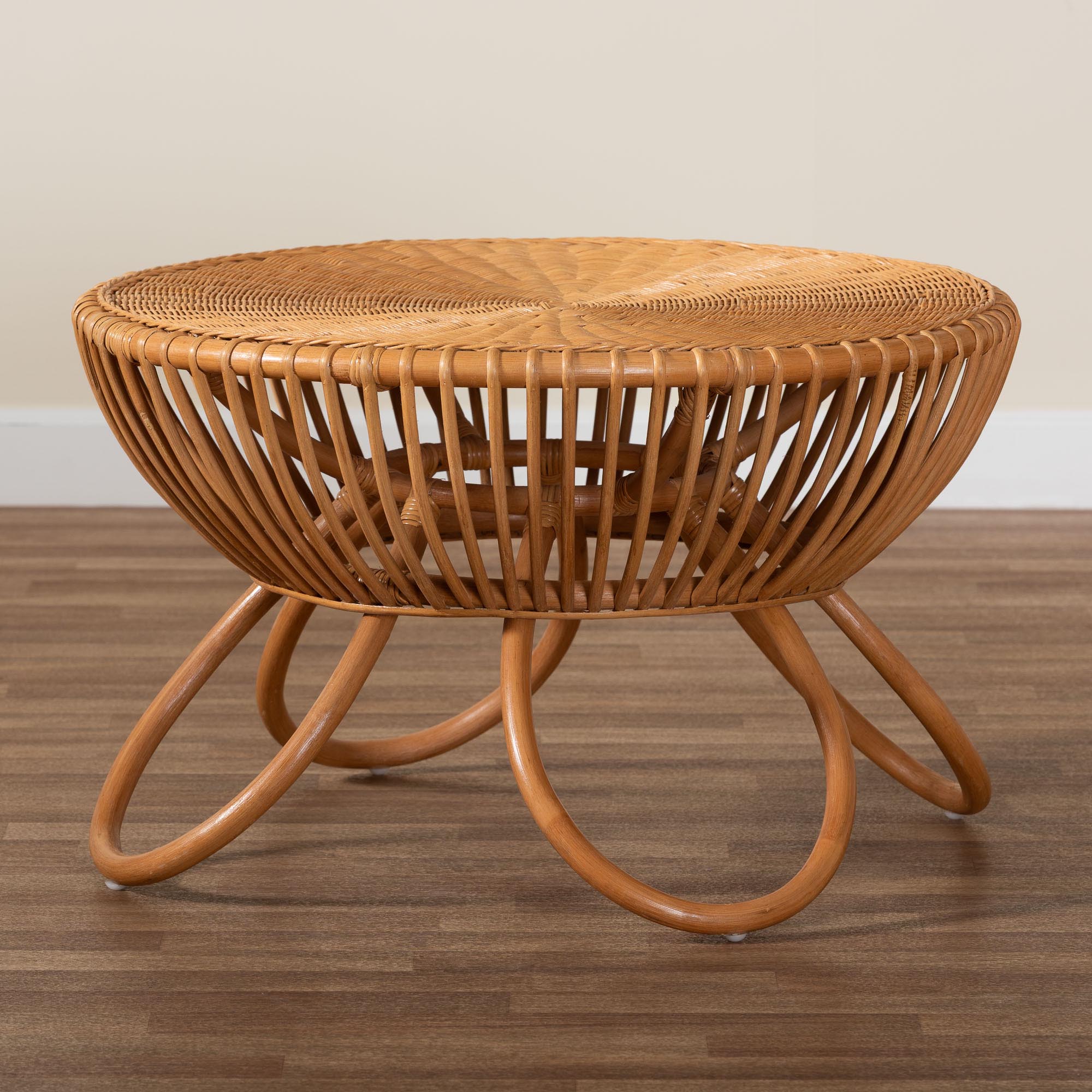 bali & pari Abel Natural Rattan Coffee Table with Splayed Legs - Handcrafted Boho Accent Table, Light Honey