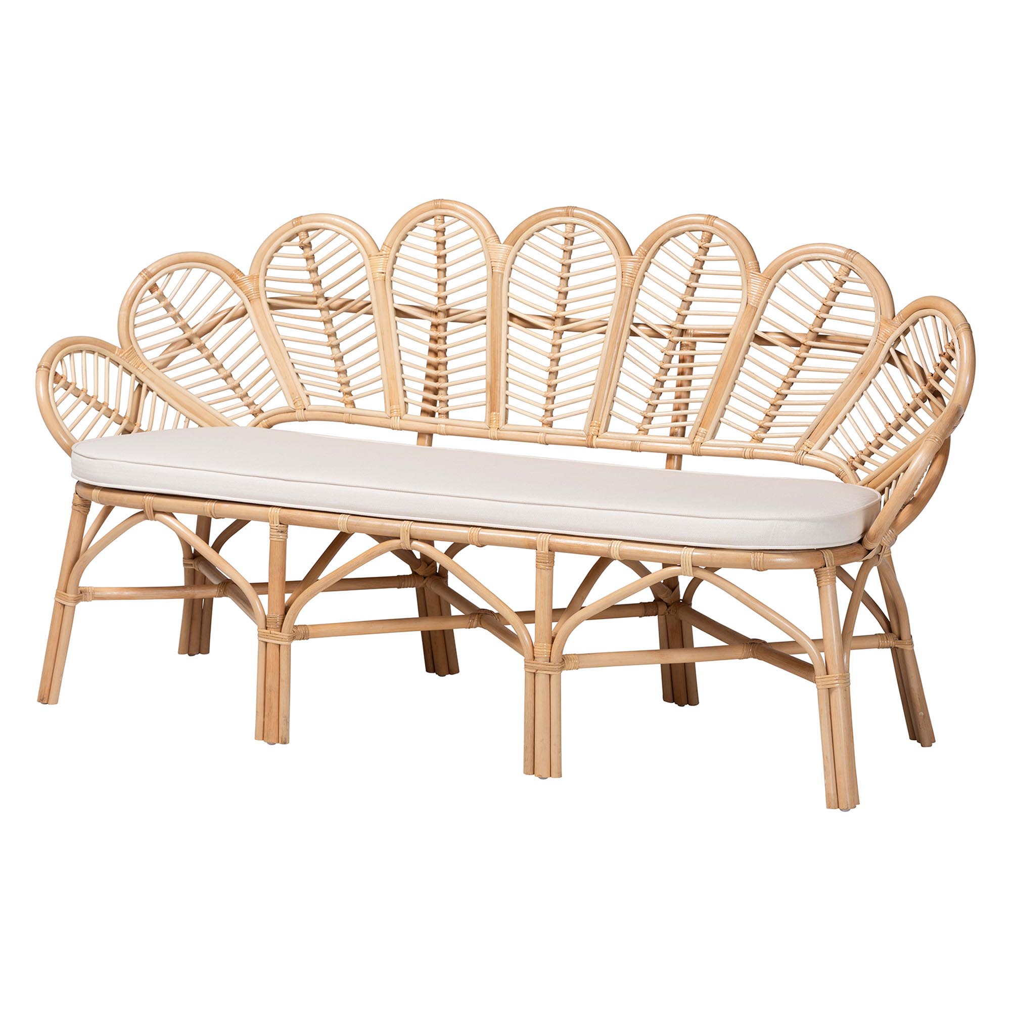 bali & pari Eliava Natural Rattan Accent Bench with Removable Cushion - Coastal Boho Style Loveseat with Scalloped Fan Back Design for Indoor Living Room or Sunroom Seating