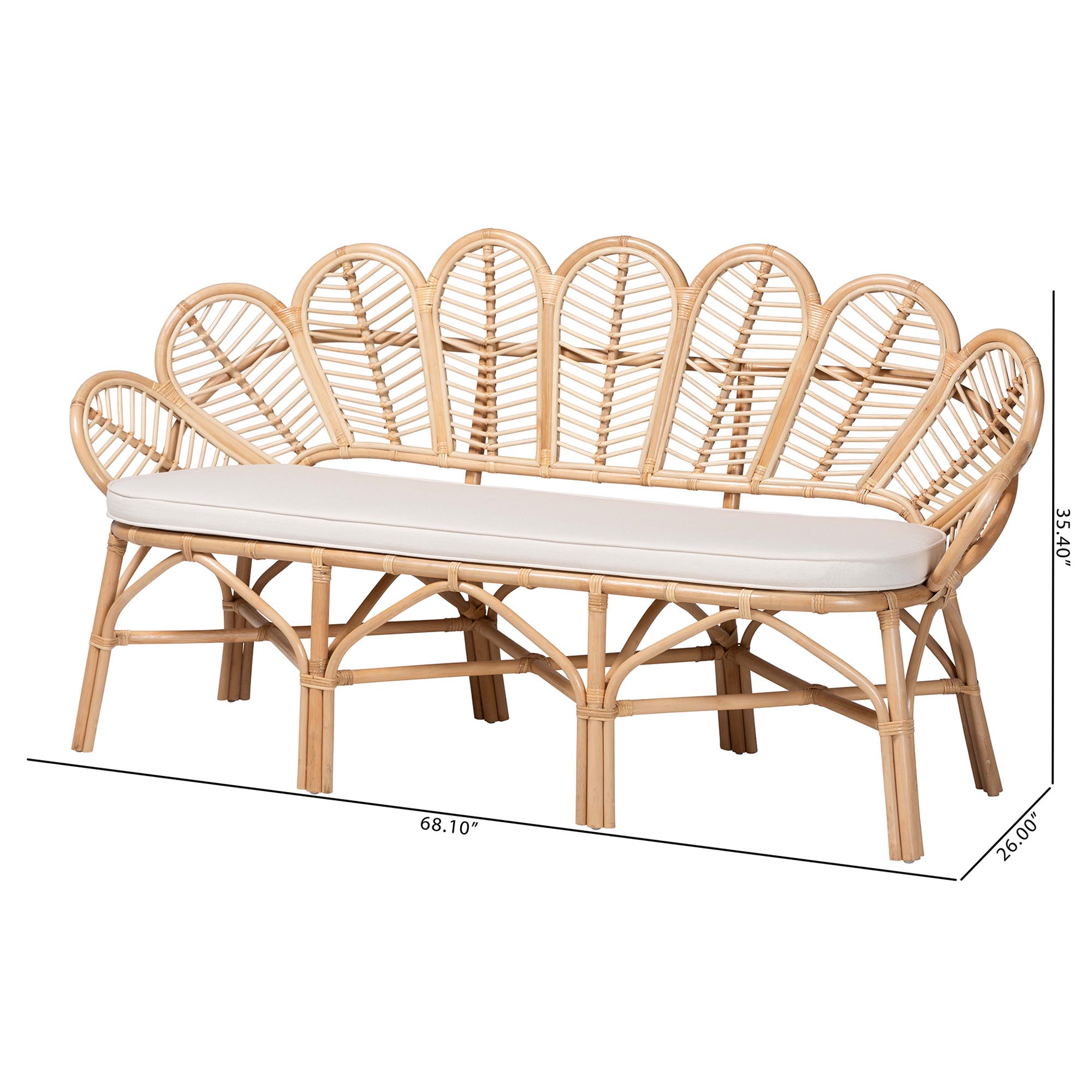bali & pari Eliava Natural Rattan Accent Bench with Removable Cushion - Coastal Boho Style Loveseat with Scalloped Fan Back Design for Indoor Living Room or Sunroom Seating