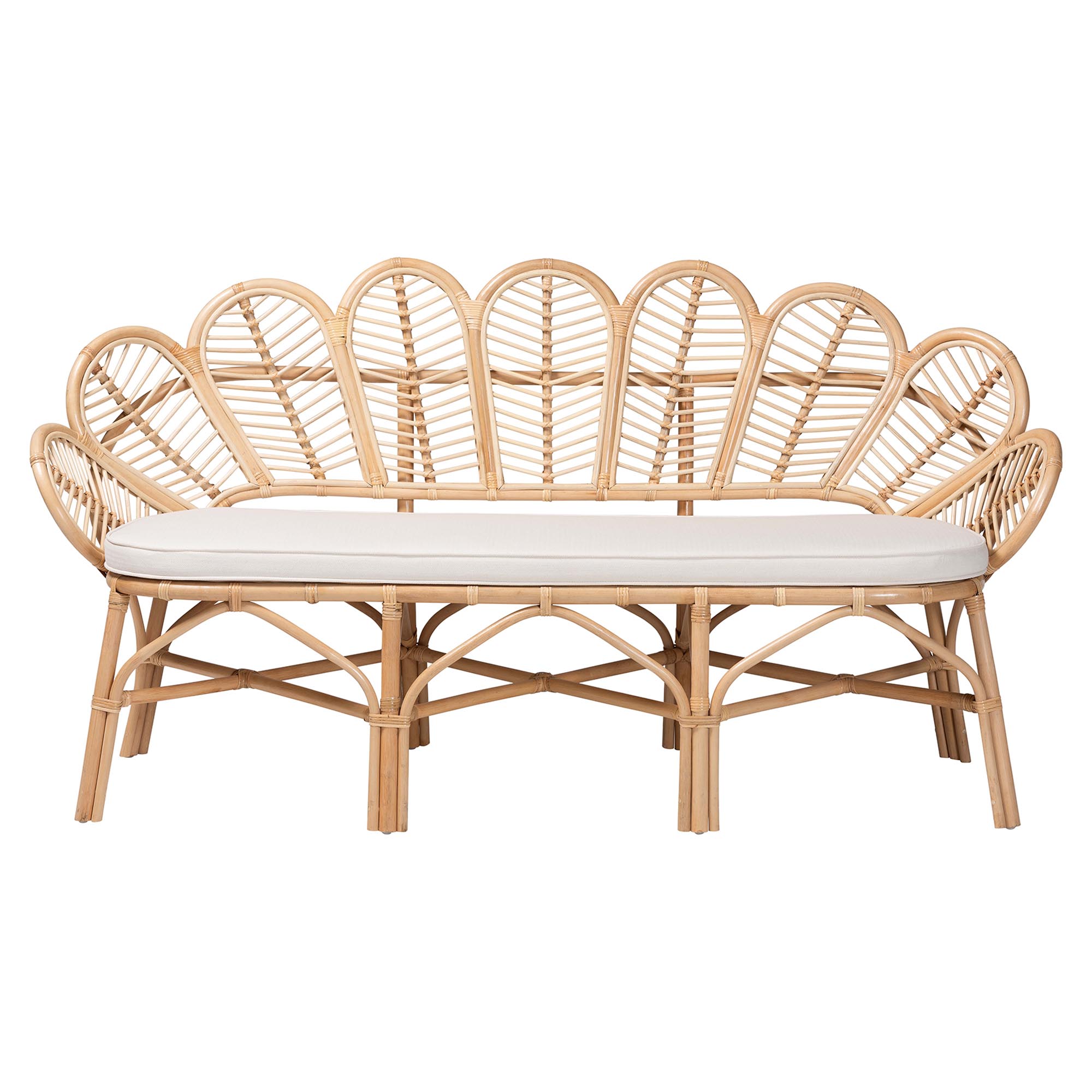 bali & pari Eliava Natural Rattan Accent Bench with Removable Cushion - Coastal Boho Style Loveseat with Scalloped Fan Back Design for Indoor Living Room or Sunroom Seating