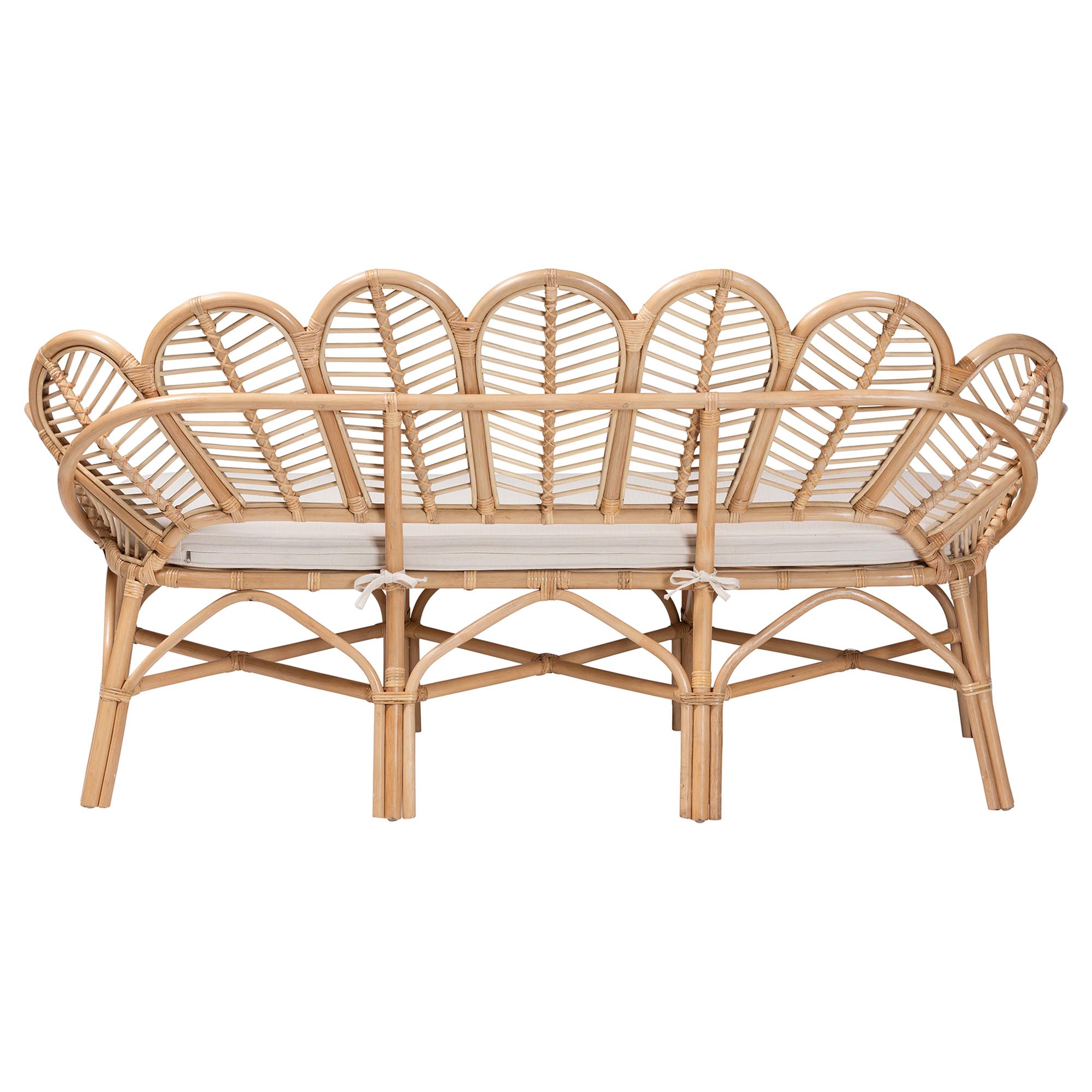 bali & pari Eliava Natural Rattan Accent Bench with Removable Cushion - Coastal Boho Style Loveseat with Scalloped Fan Back Design for Indoor Living Room or Sunroom Seating