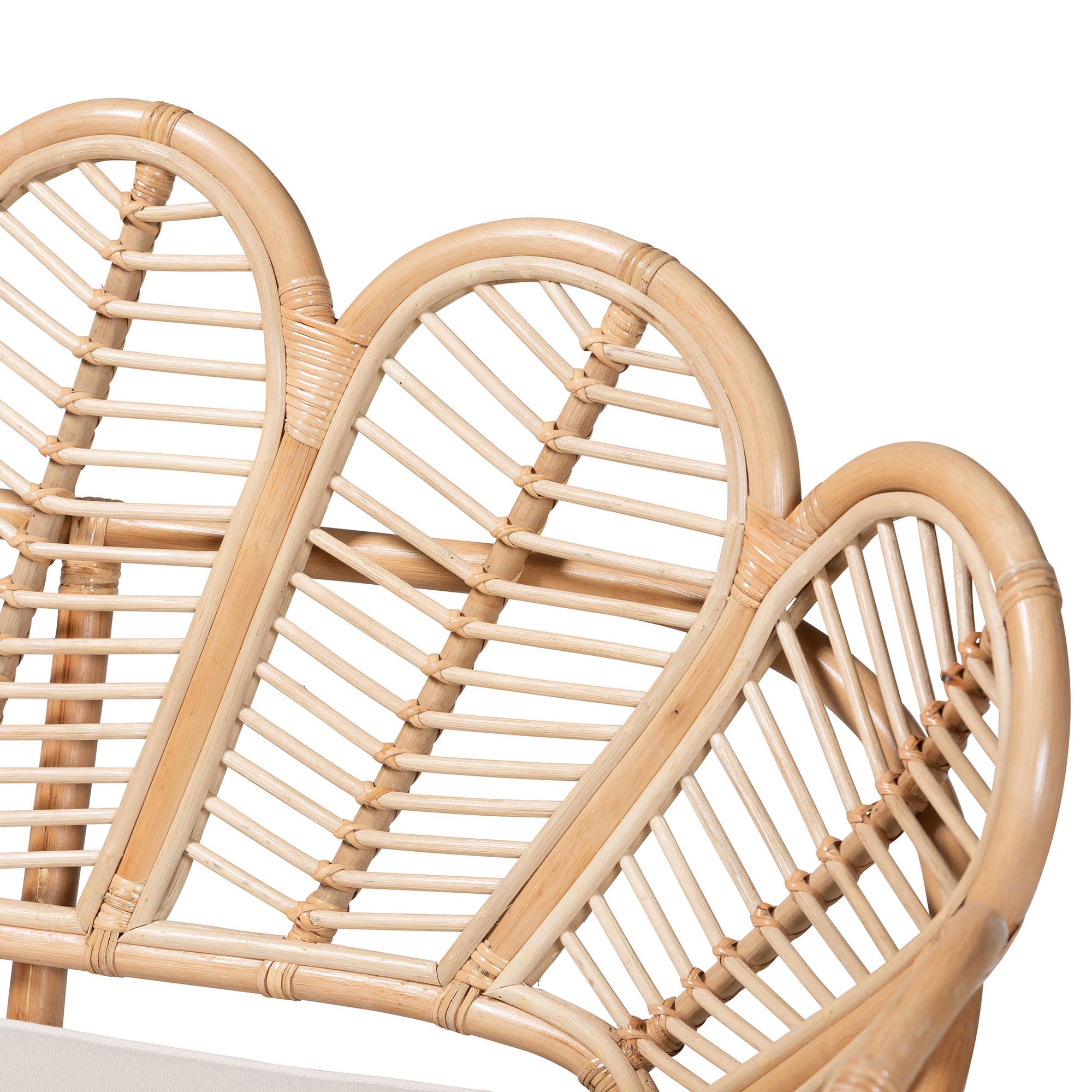 bali & pari Eliava Natural Rattan Accent Bench with Removable Cushion - Coastal Boho Style Loveseat with Scalloped Fan Back Design for Indoor Living Room or Sunroom Seating