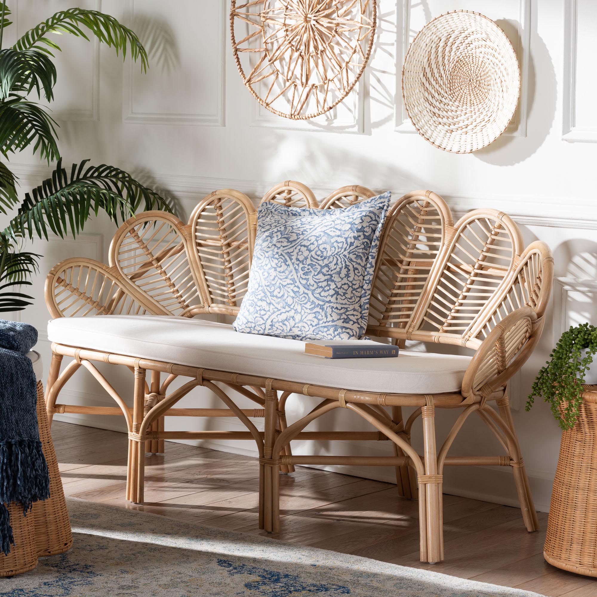 bali & pari Eliava Natural Rattan Accent Bench with Removable Cushion - Coastal Boho Style Loveseat with Scalloped Fan Back Design for Indoor Living Room or Sunroom Seating