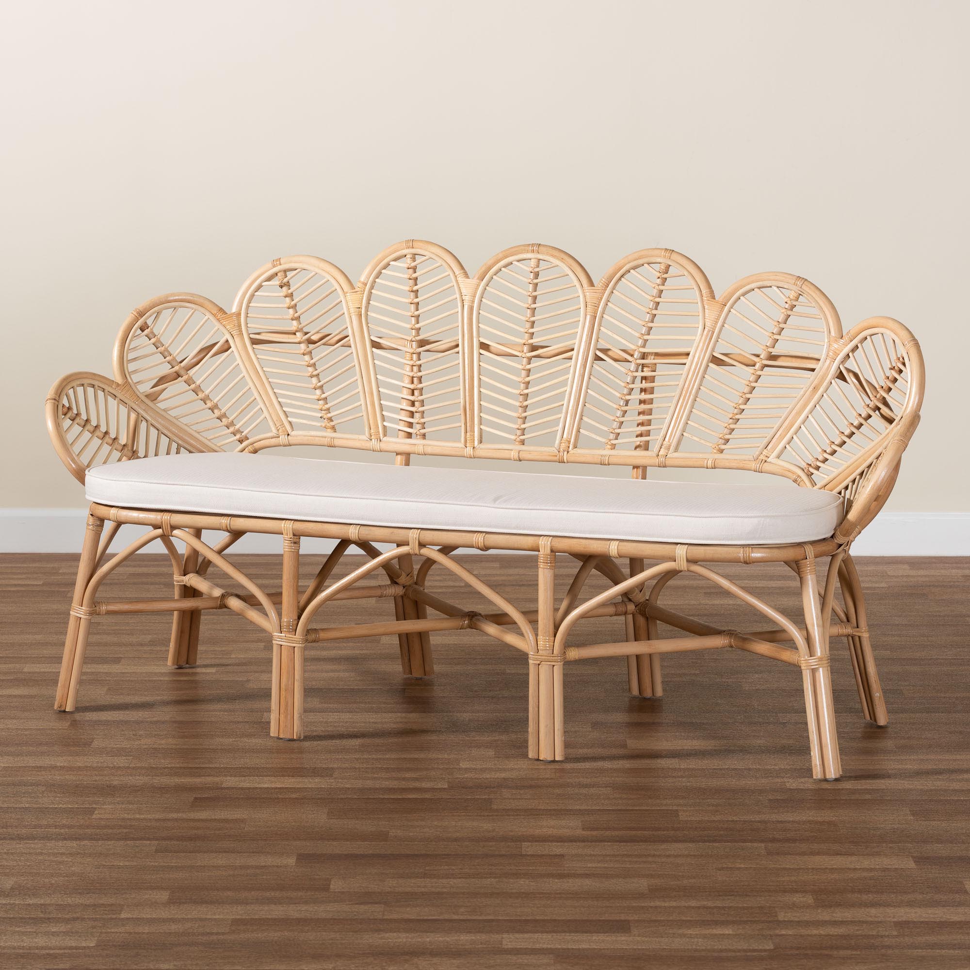bali & pari Eliava Natural Rattan Accent Bench with Removable Cushion - Coastal Boho Style Loveseat with Scalloped Fan Back Design for Indoor Living Room or Sunroom Seating