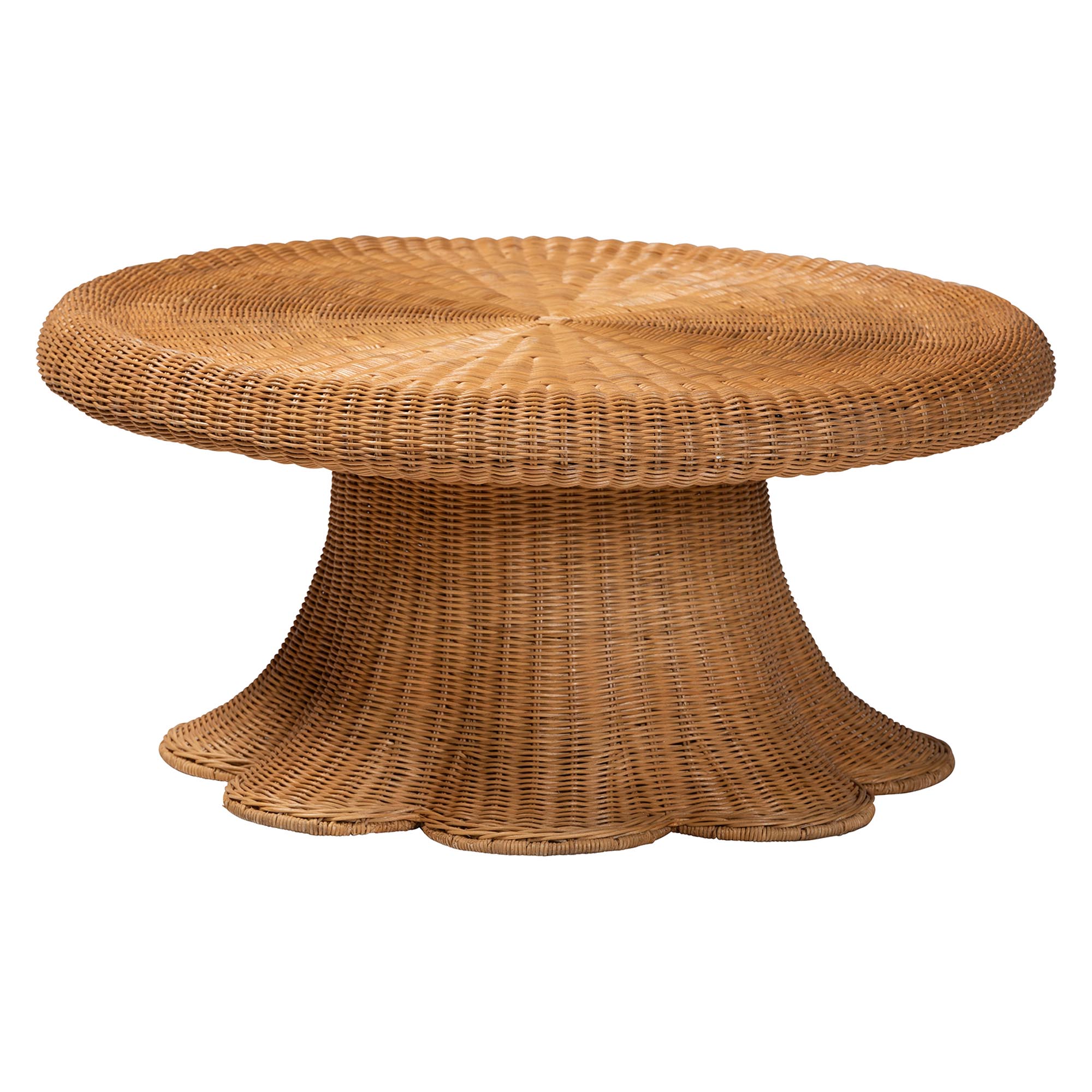 bali & pari Avalon Natural Rattan Round Coffee Table with Scalloped Pedestal Base - Coastal Boho Wicker Accent Table for Living Room or Sunroom