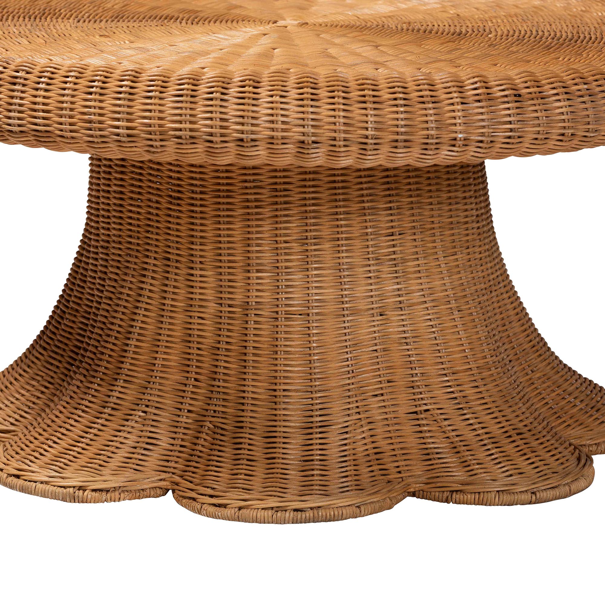 bali & pari Avalon Natural Rattan Round Coffee Table with Scalloped Pedestal Base - Coastal Boho Wicker Accent Table for Living Room or Sunroom