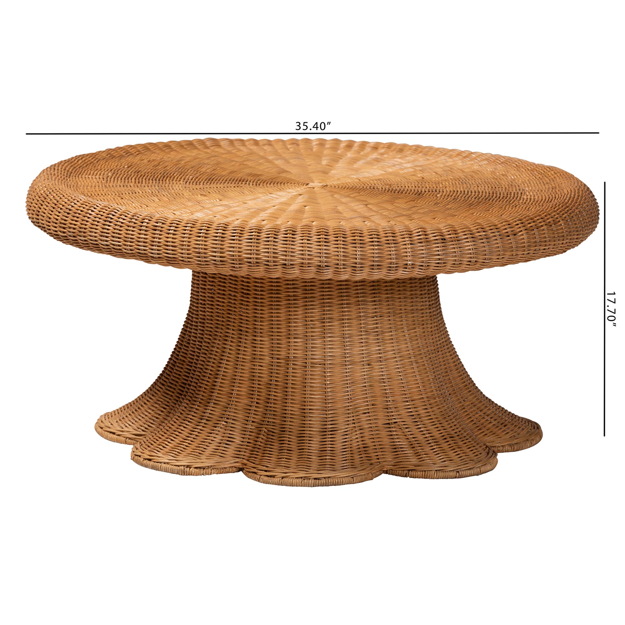 bali & pari Avalon Natural Rattan Round Coffee Table with Scalloped Pedestal Base - Coastal Boho Wicker Accent Table for Living Room or Sunroom