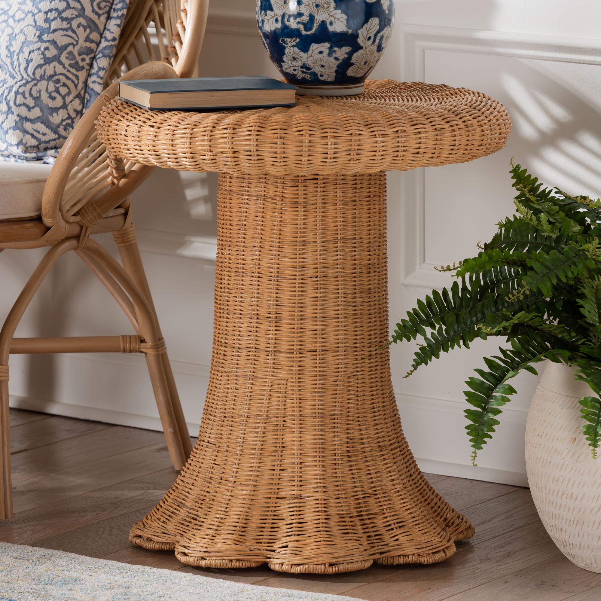 bali & pari Avalon Scallop Natural Rattan Pedestal Side Table - Round Handwoven Wicker Accent Table with Skirted Base, Boho Coastal Style Furniture for Living Room, Hallway or Sunroom
