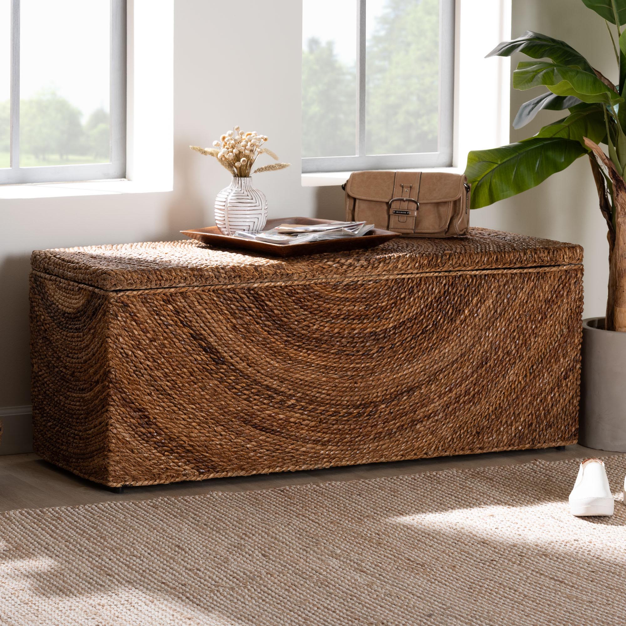 bali & pari Verino Handwoven Seagrass Storage Bench with Removable Lid - Rustic Wicker Trunk Chest for Entryway, Living Room, or Bedroom Organization