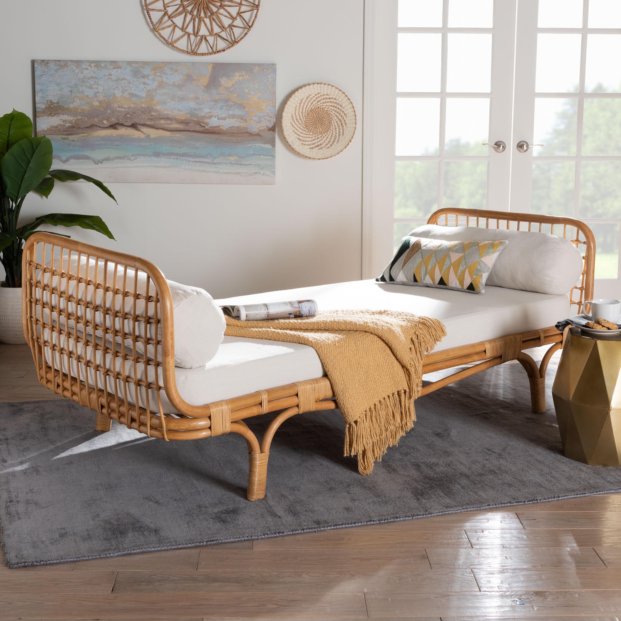 bali & pari Aiko Handwoven Natural Rattan Daybed with Cushion - Boho Coastal Lounge Bed for Living Room, Bedroom, or Sunroom