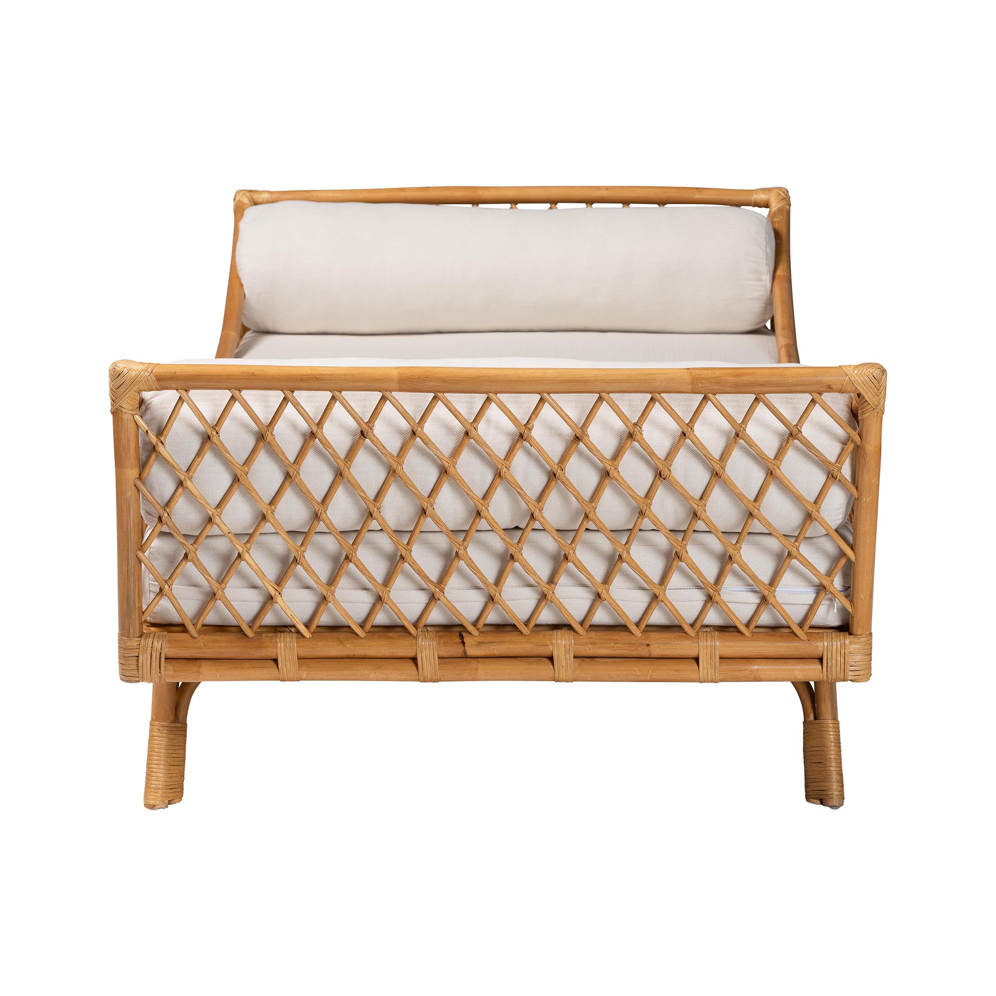 bali & pari Akemi Handwoven Natural Rattan Daybed with Cushion - Boho Coastal Lounge Bed for Living Room, Bedroom, or Sunroom