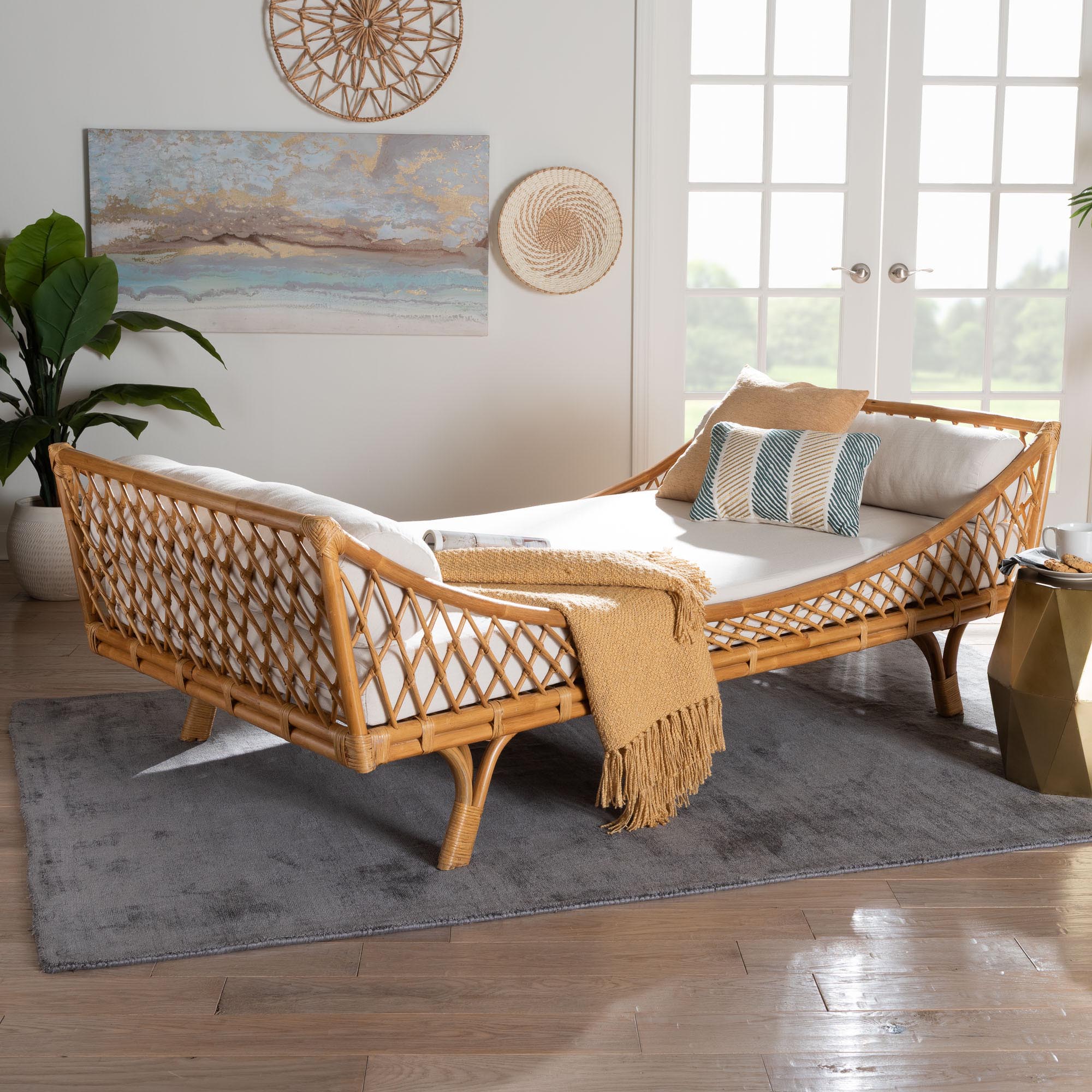 bali & pari Akemi Handwoven Natural Rattan Daybed with Cushion - Boho Coastal Lounge Bed for Living Room, Bedroom, or Sunroom