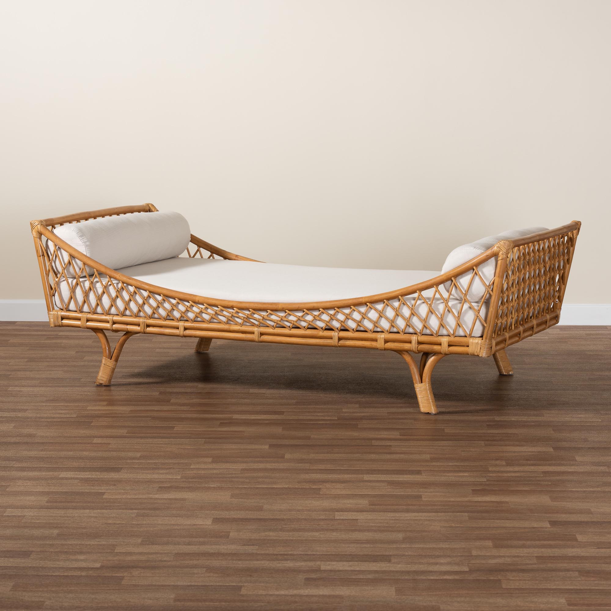 bali & pari Akemi Handwoven Natural Rattan Daybed with Cushion - Boho Coastal Lounge Bed for Living Room, Bedroom, or Sunroom