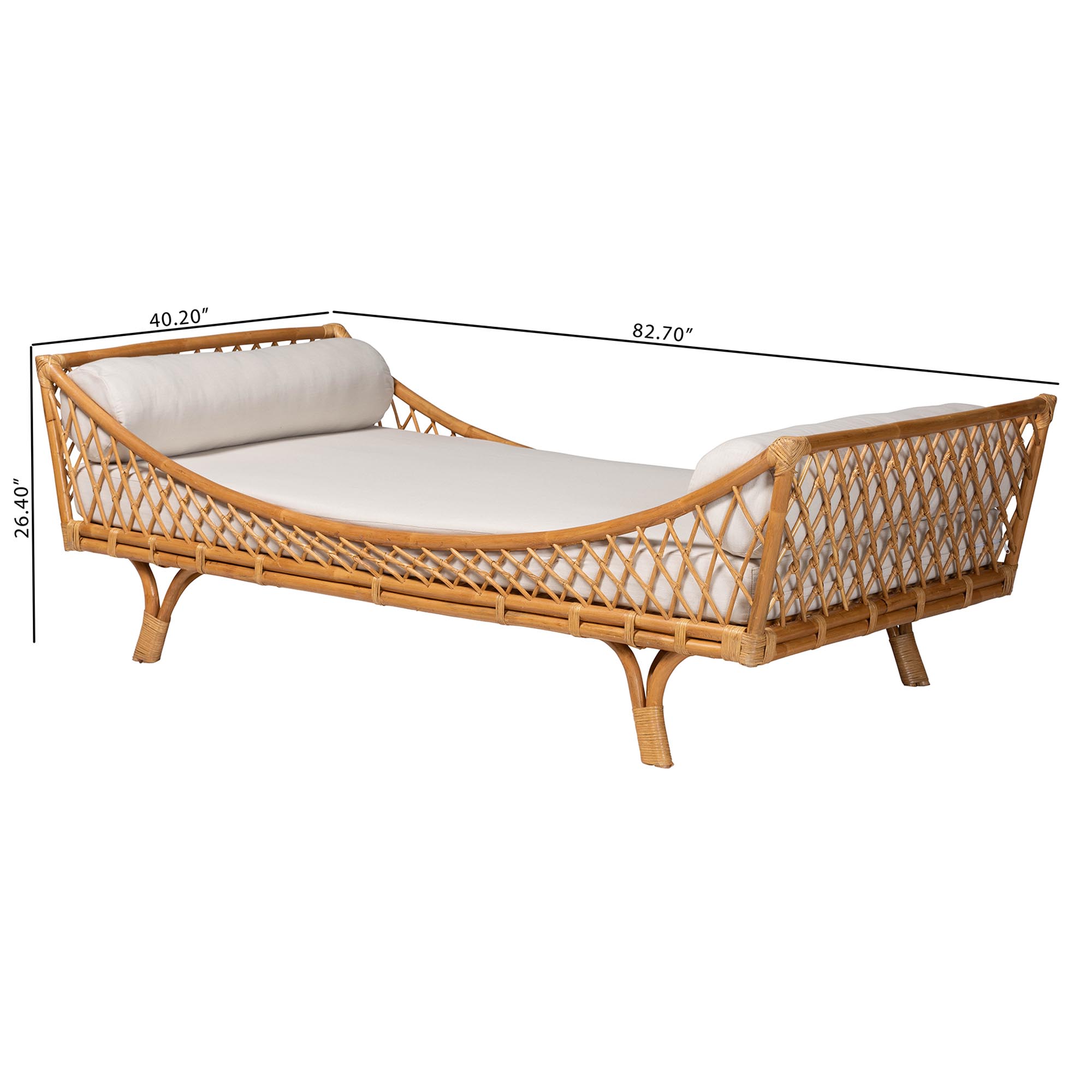 bali & pari Akemi Handwoven Natural Rattan Daybed with Cushion - Boho Coastal Lounge Bed for Living Room, Bedroom, or Sunroom